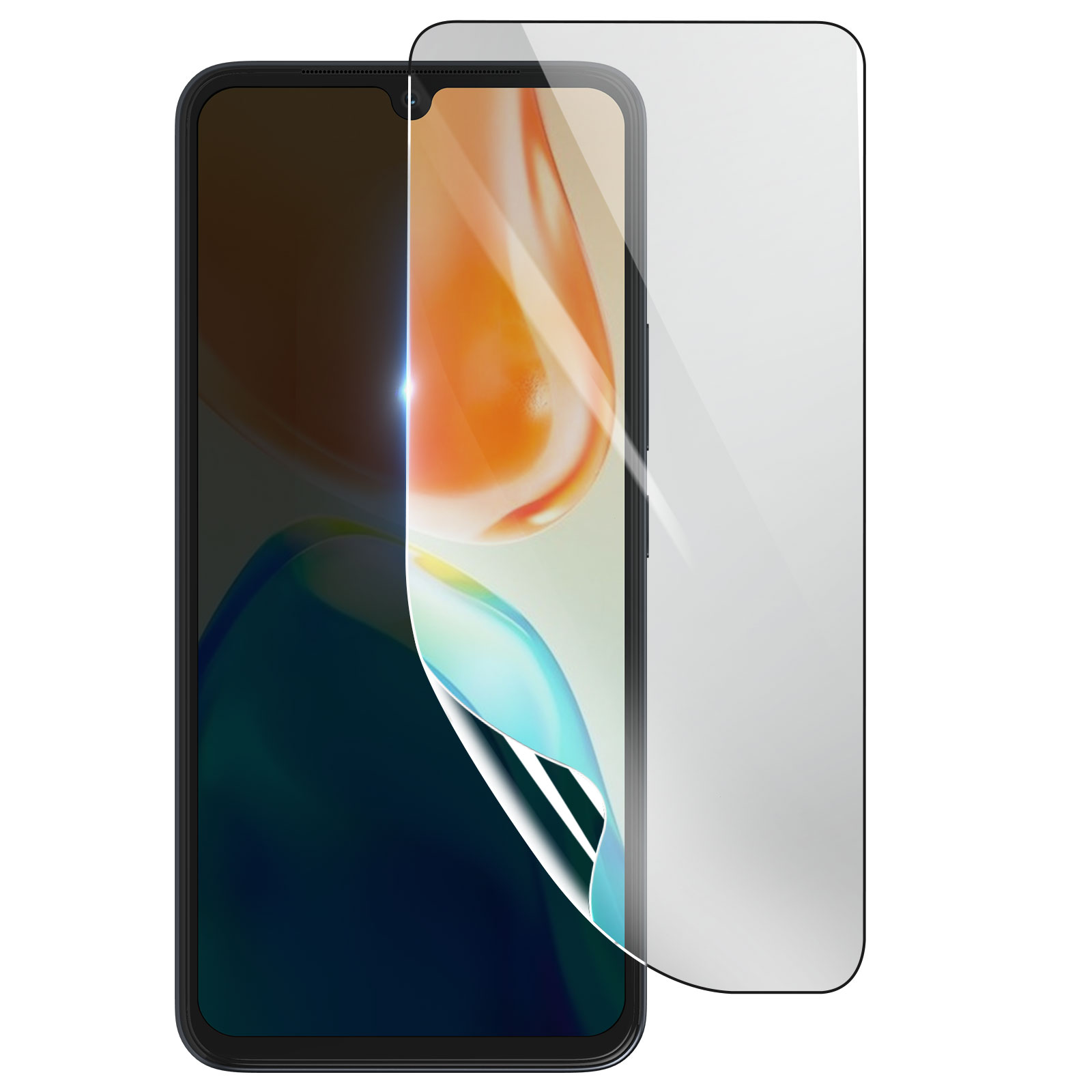 Uno smartphone con una protezione schermo applicata. Lo schermo mostra un design astratto. La protezione è parzialmente staccata.