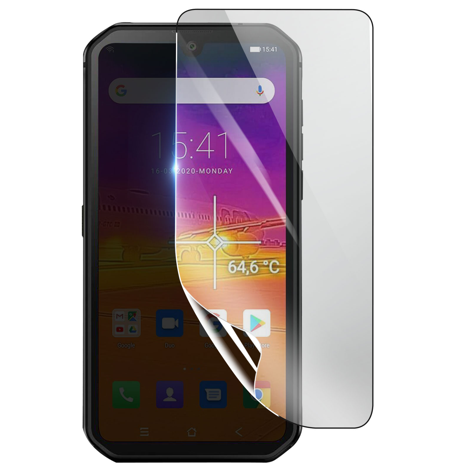 Uno smartphone con protezione schermo. Lo schermo mostra ora, data e icone di app, con un angolo staccato.