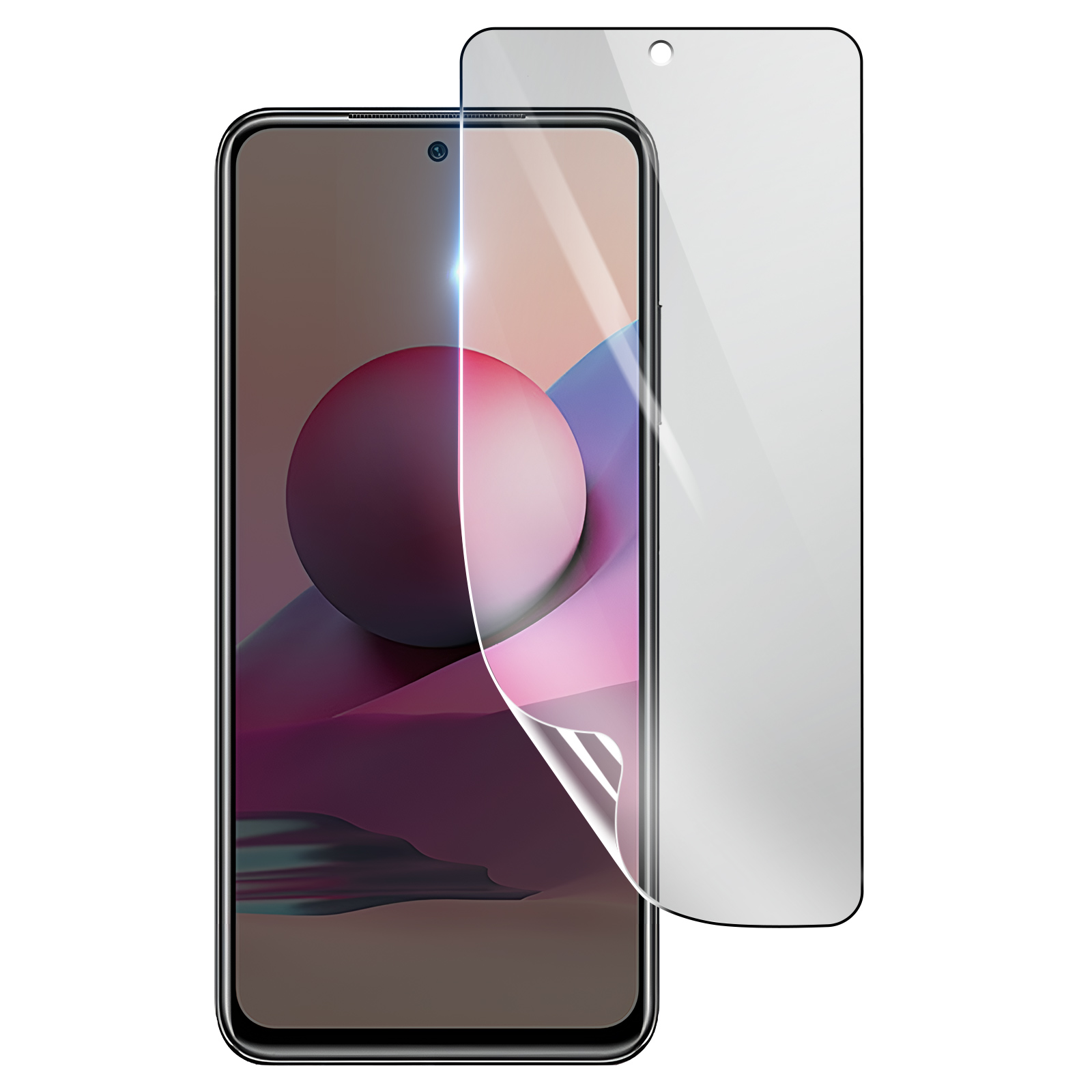 Uno smartphone con protezione schermo. Il telefono mostra uno sfondo colorato con una grande sfera. La protezione è parzialmente staccata.