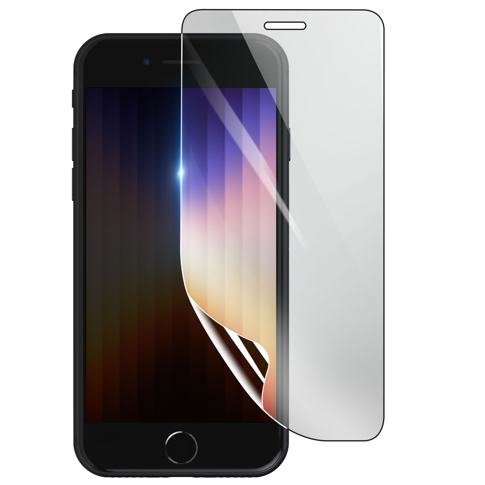 Uno smartphone nero con una protezione per lo schermo applicata. Lo schermo mostra una sfumatura colorata. Sfondo bianco.