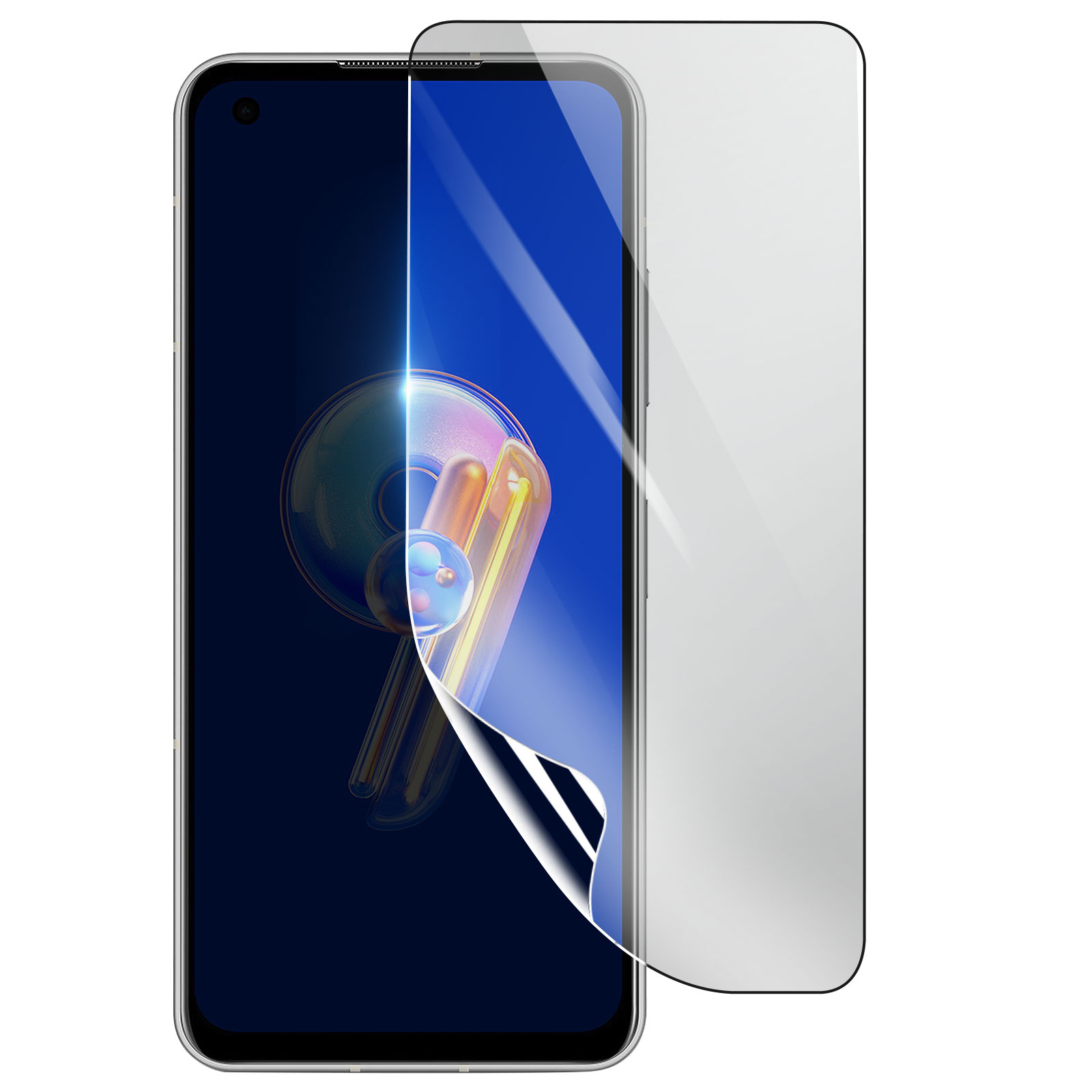 Smartphone con protezione schermo in applicazione. La protezione si stacca, mostrando lo schermo. Sfondo bianco.