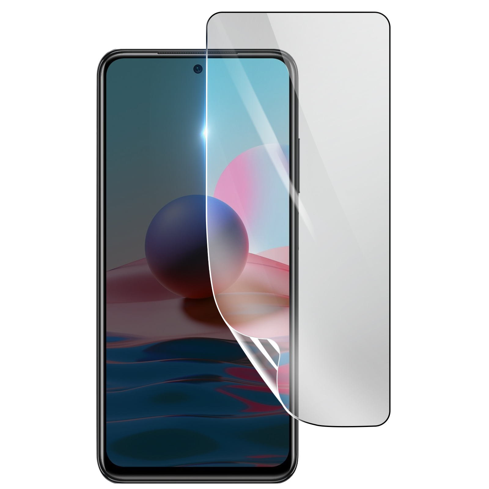 Uno smartphone con una protezione per lo schermo in applicazione. Lo schermo mostra uno sfondo colorato. La protezione è parzialmente staccata.