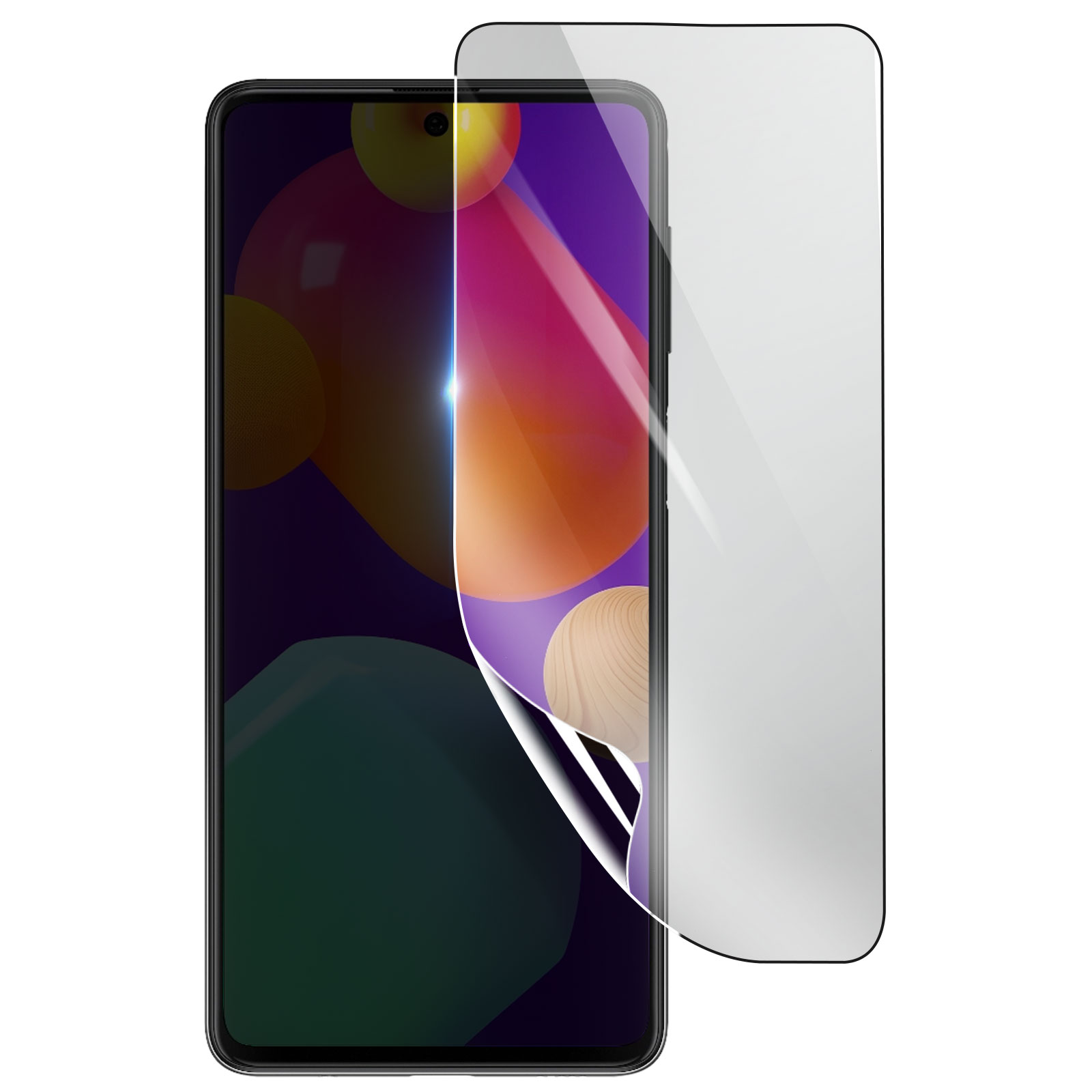 Uno smartphone con una protezione per lo schermo in fase di rimozione. Lo schermo mostra forme astratte colorate.