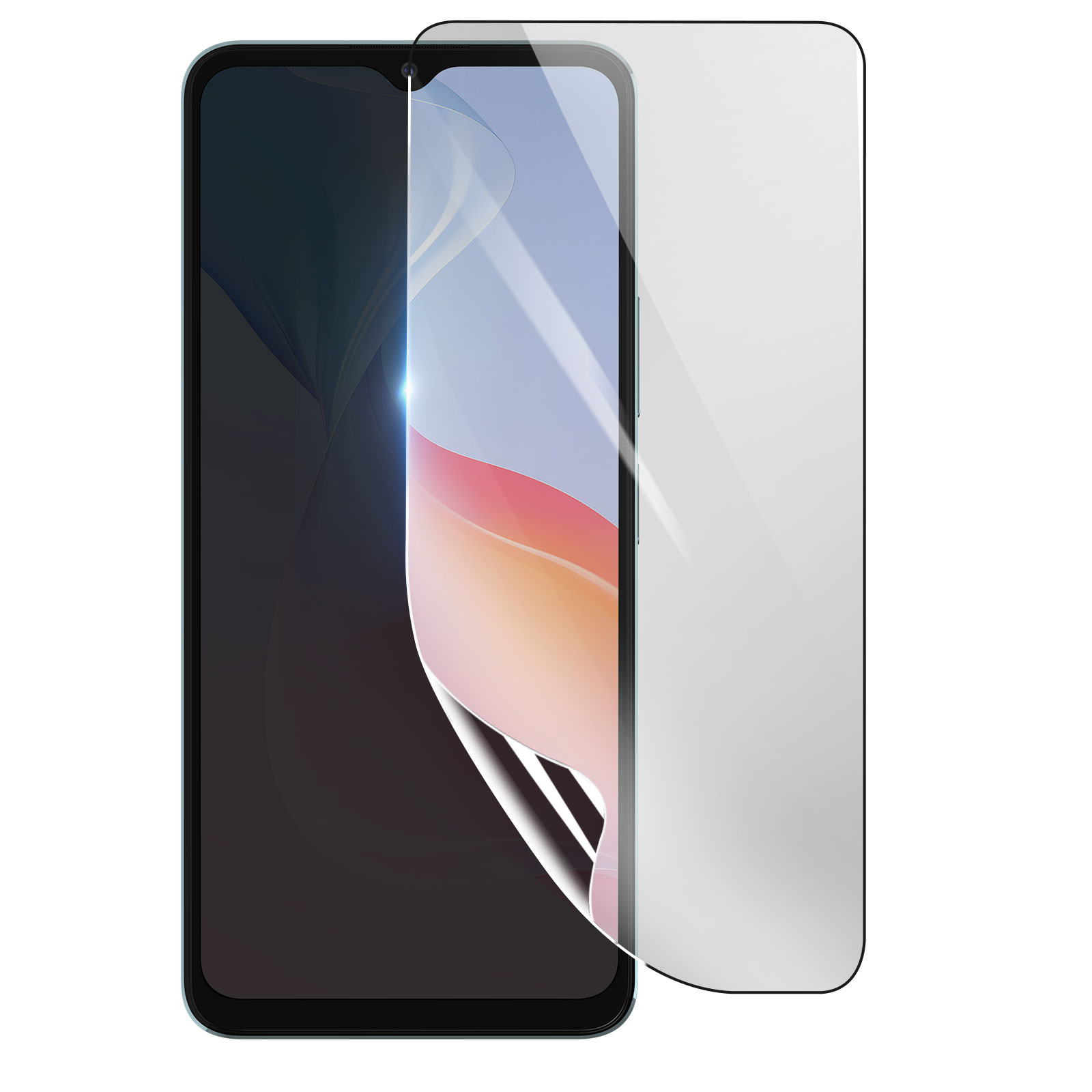 Uno smartphone con una protezione per lo schermo in fase di applicazione. La protezione è parzialmente staccata, rivelando lo schermo.
