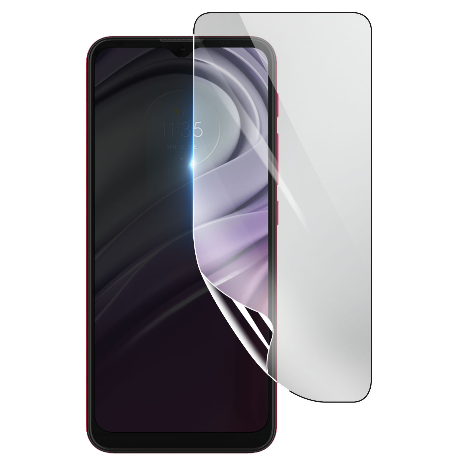 Uno smartphone con una protezione per lo schermo in applicazione. Il telefono è nero con cornice rossa. La protezione è parzialmente staccata.