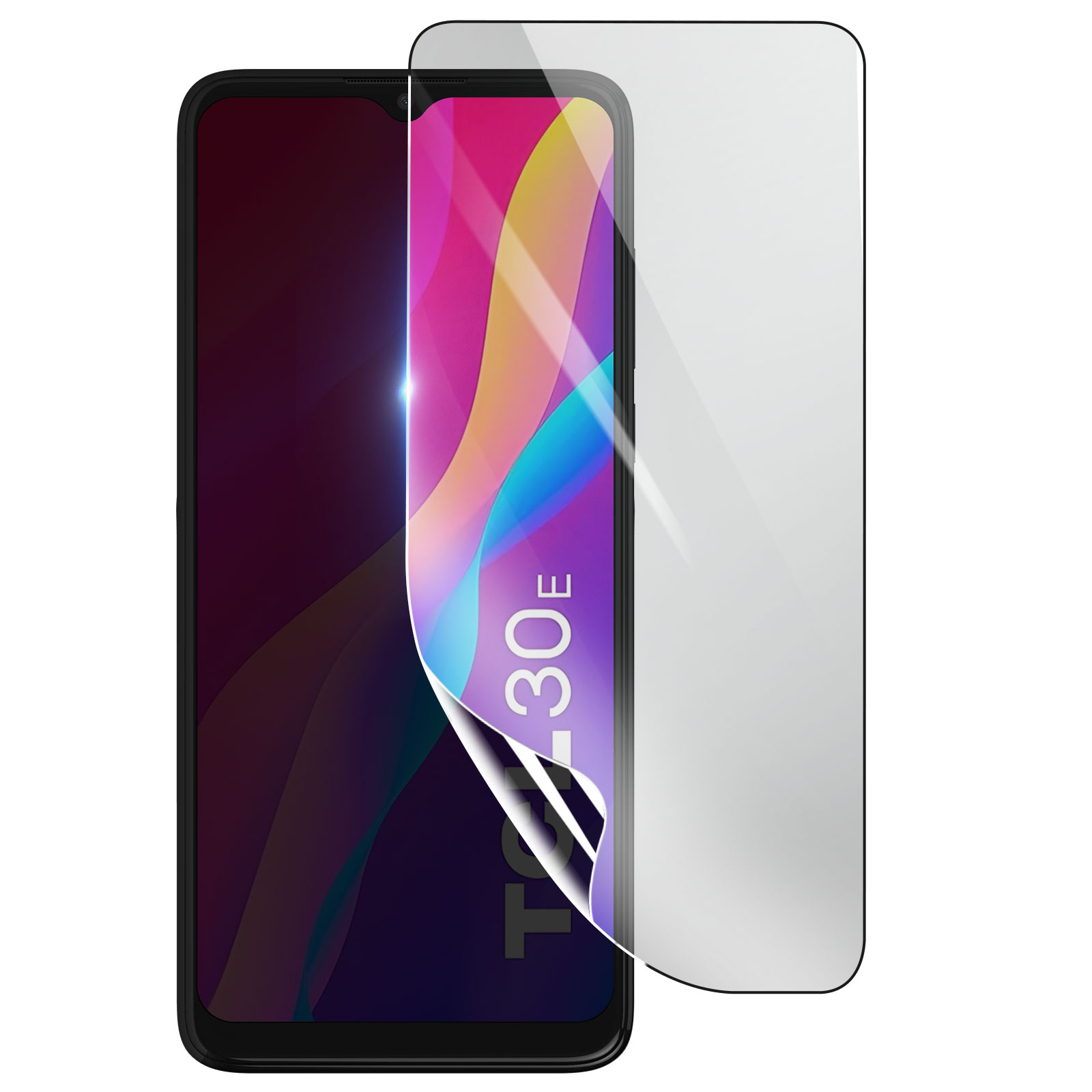 Uno smartphone con una protezione per schermo applicata. Lo schermo mostra grafica colorata. La protezione è parzialmente staccata.