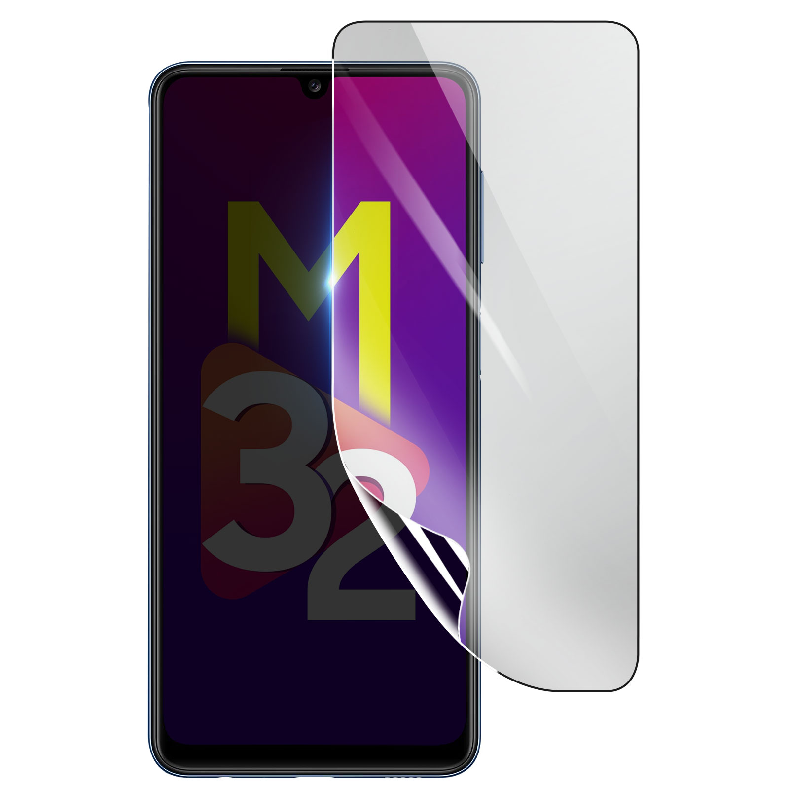 Uno smartphone con protezione schermo applicata. Il telefono ha uno schermo sfumato viola-giallo con il numero 32 in bianco.