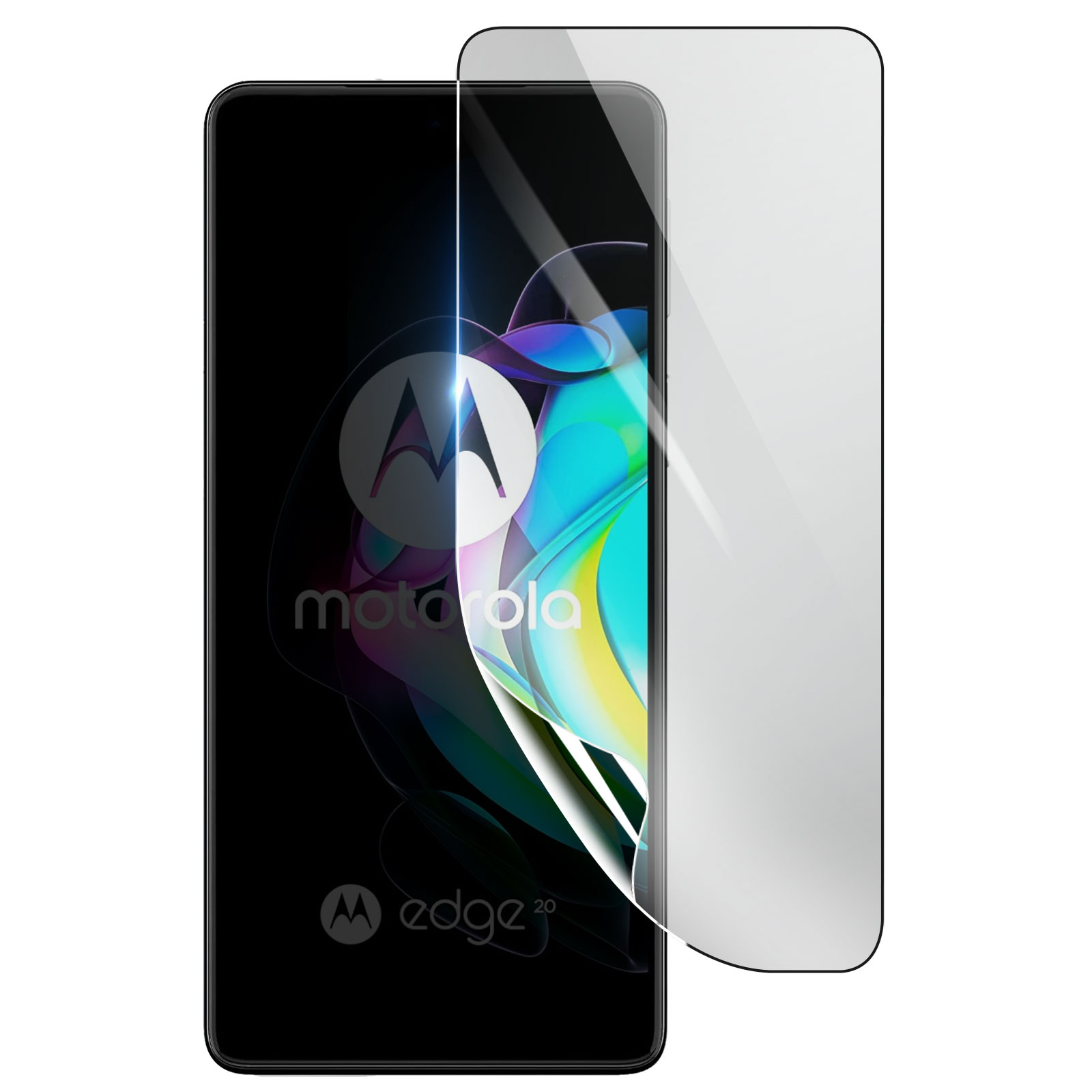 Uno smartphone Motorola Edge 20 con protezione schermo. Il telefono è nero, la protezione trasparente.
