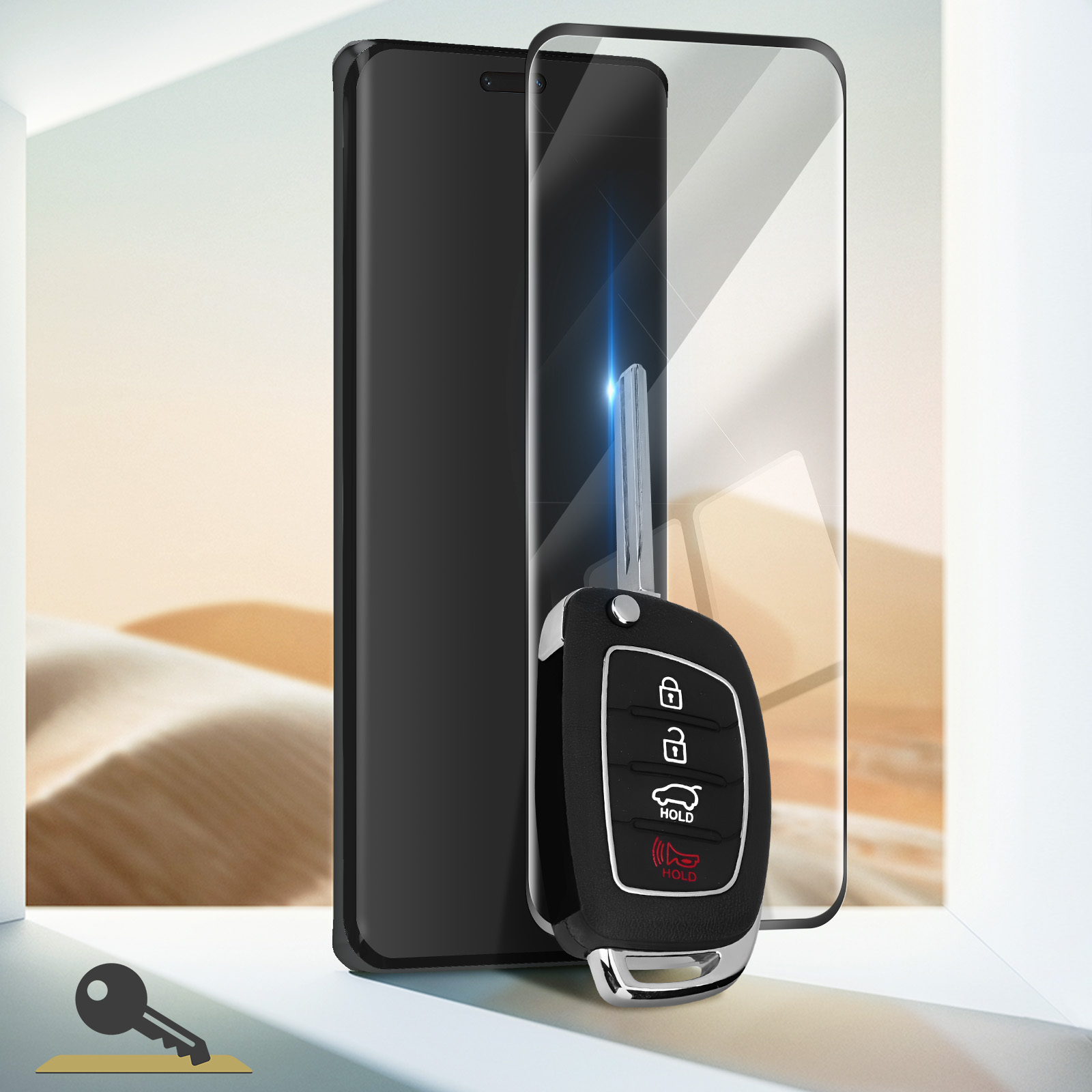 Un telefono, una protezione per lo schermo e una chiave per auto. La chiave è nera con finiture argentate e pulsante rosso "HOLD".