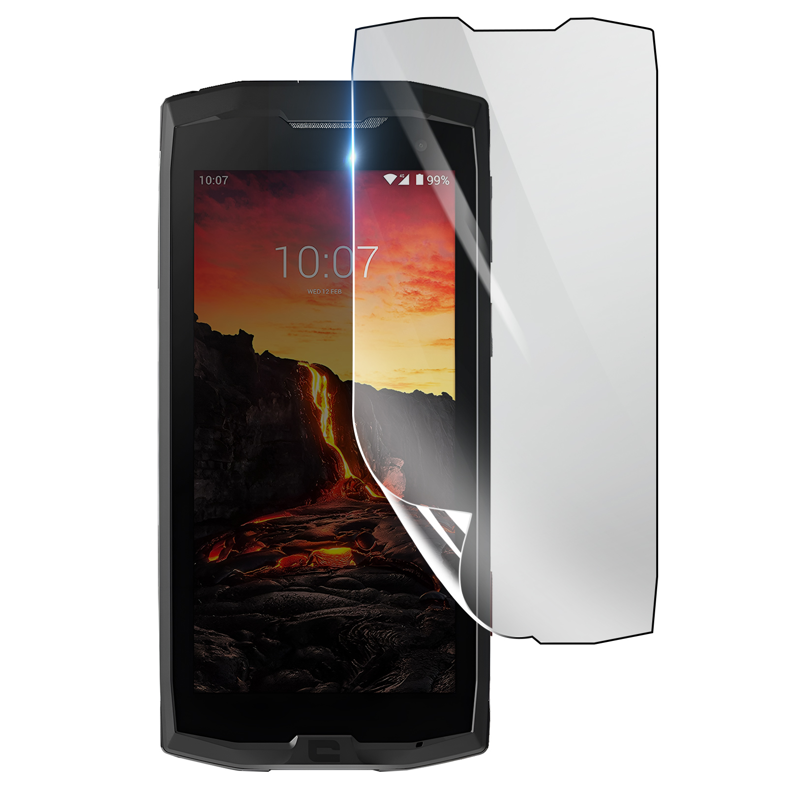 Uno smartphone nero con una protezione per lo schermo in applicazione. Lo schermo mostra un tramonto su un paesaggio lavico.