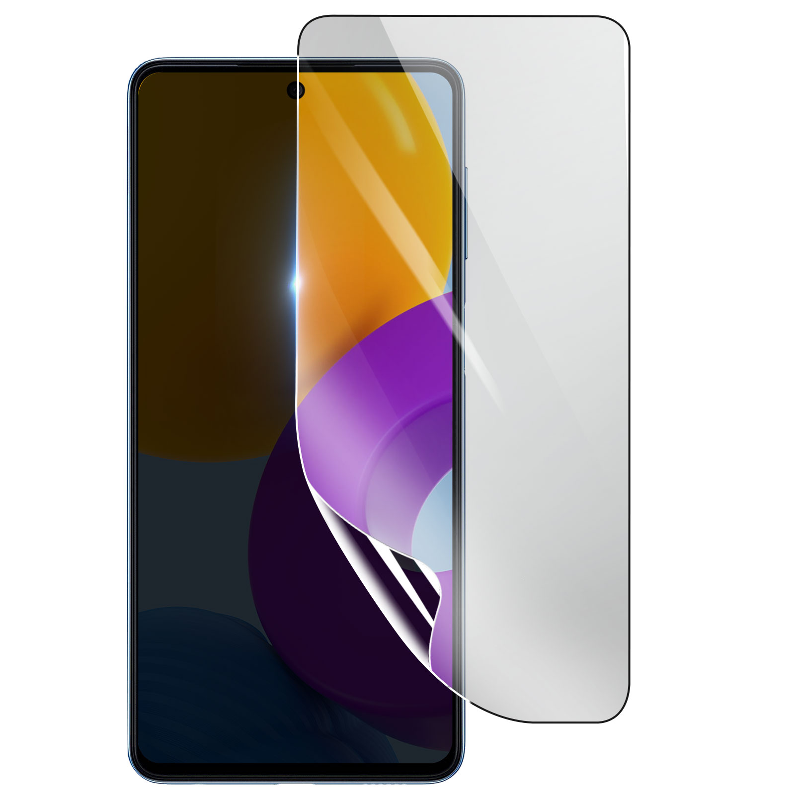 Uno smartphone con una protezione per lo schermo applicata. Colori: blu, giallo, viola. La scena mostra telefono e protezione.
