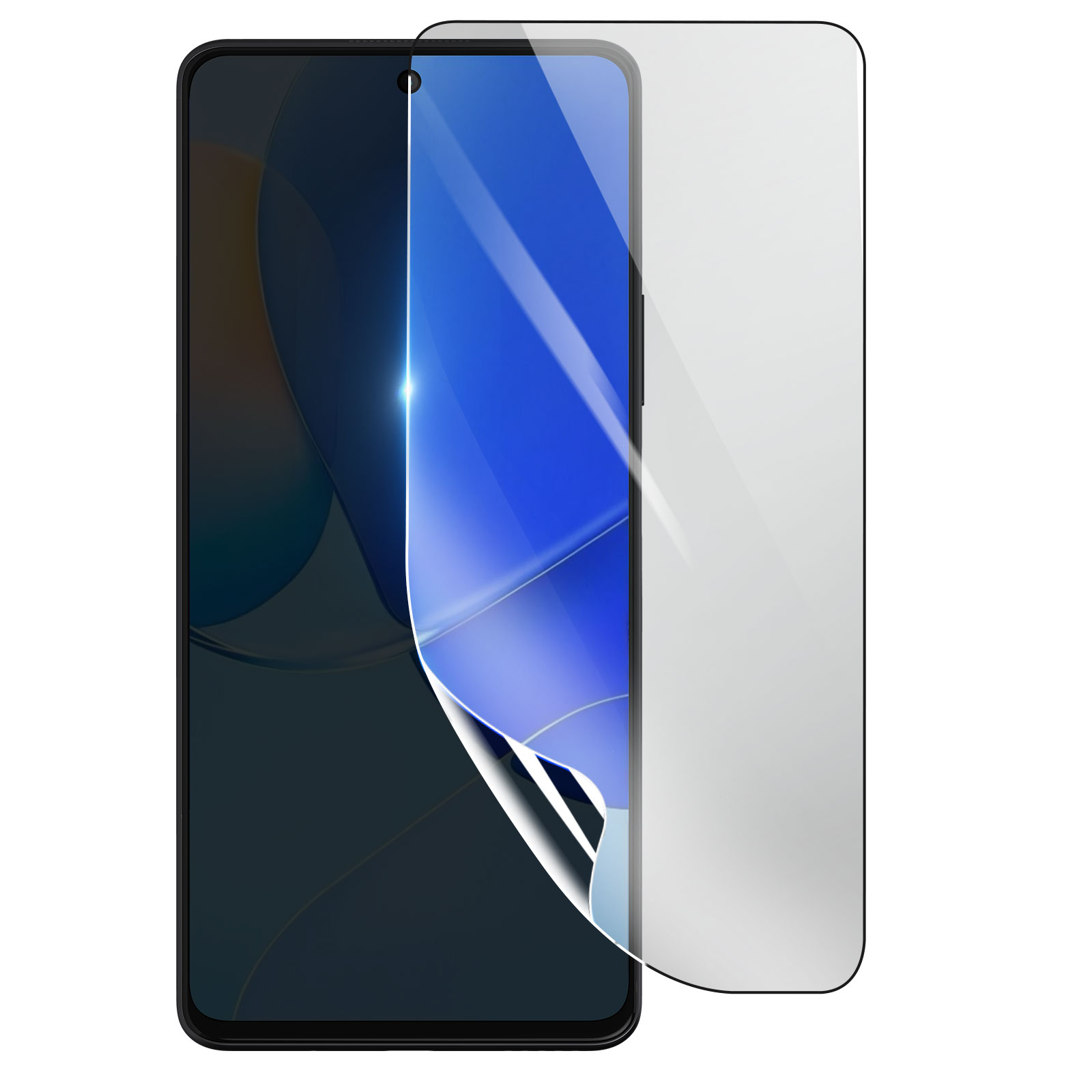 Smartphone con una protezione per lo schermo in fase di applicazione. Lo schermo è scuro, la protezione è trasparente e parzialmente staccata.