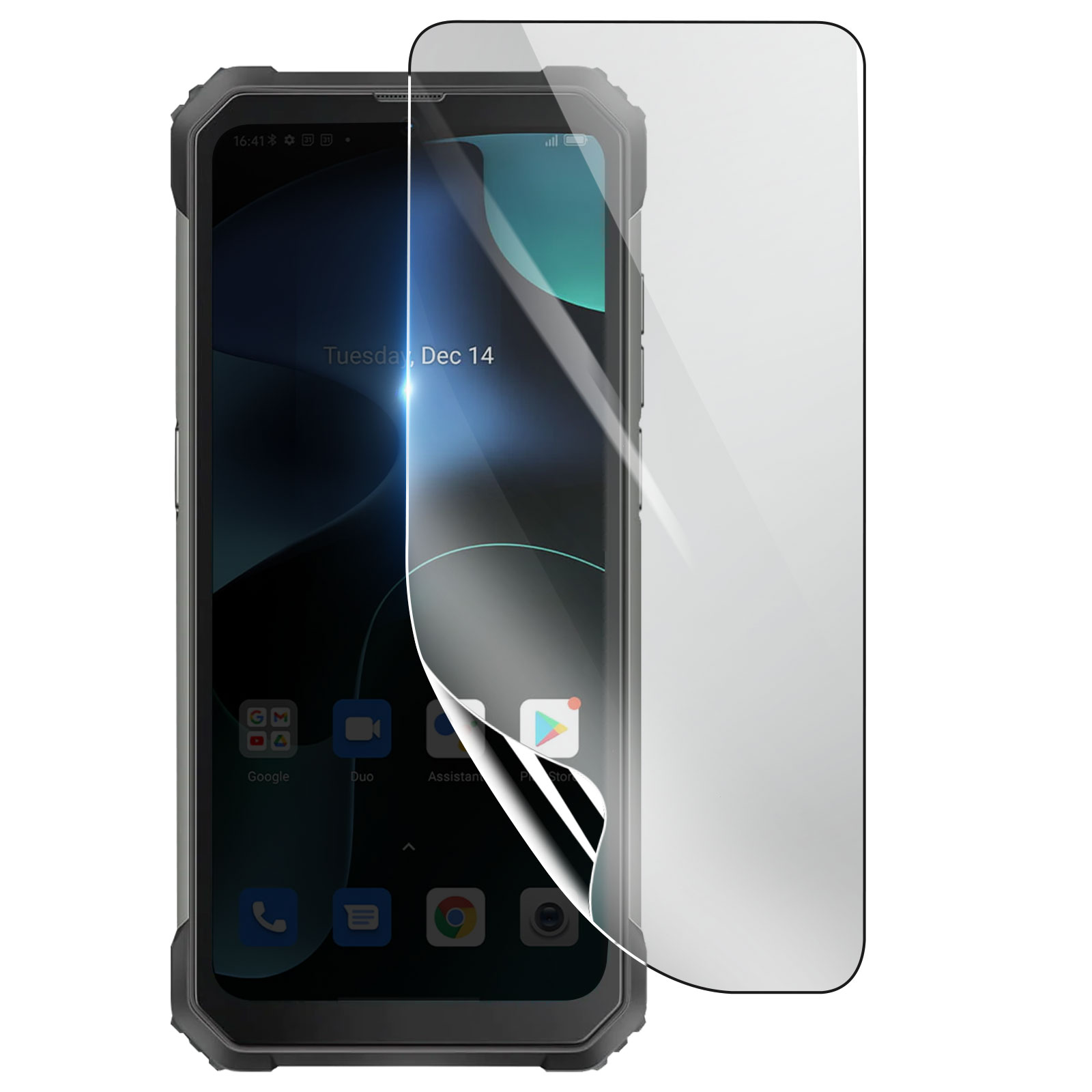 Smartphone nero con protezione schermo. Schermo mostra icone e data martedì 14 dic. La protezione si sta staccando.
