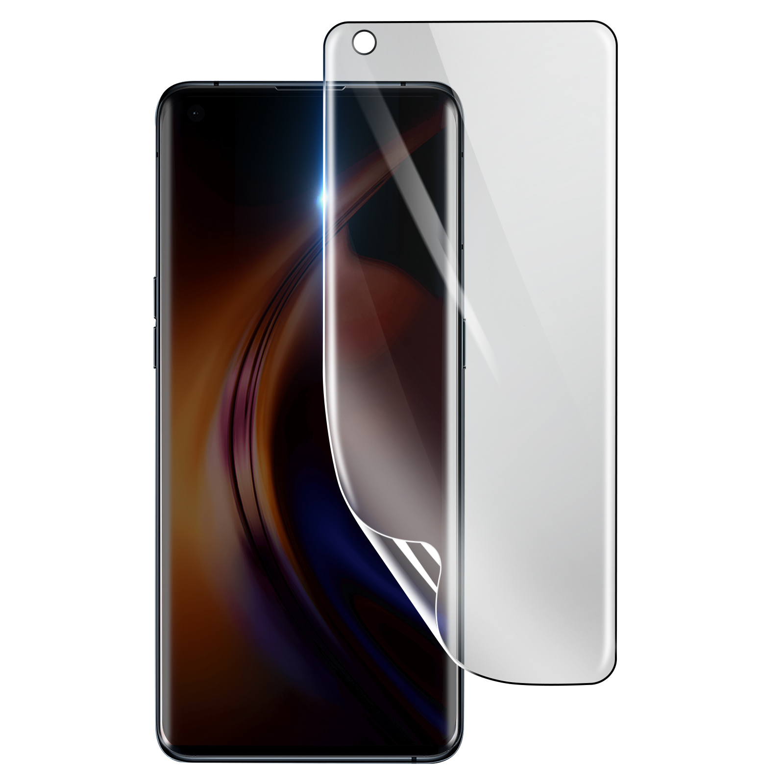 Uno smartphone con una protezione per lo schermo in fase di applicazione. La protezione per lo schermo è parzialmente staccata. Il telefono è nero e ha uno schermo curvo.