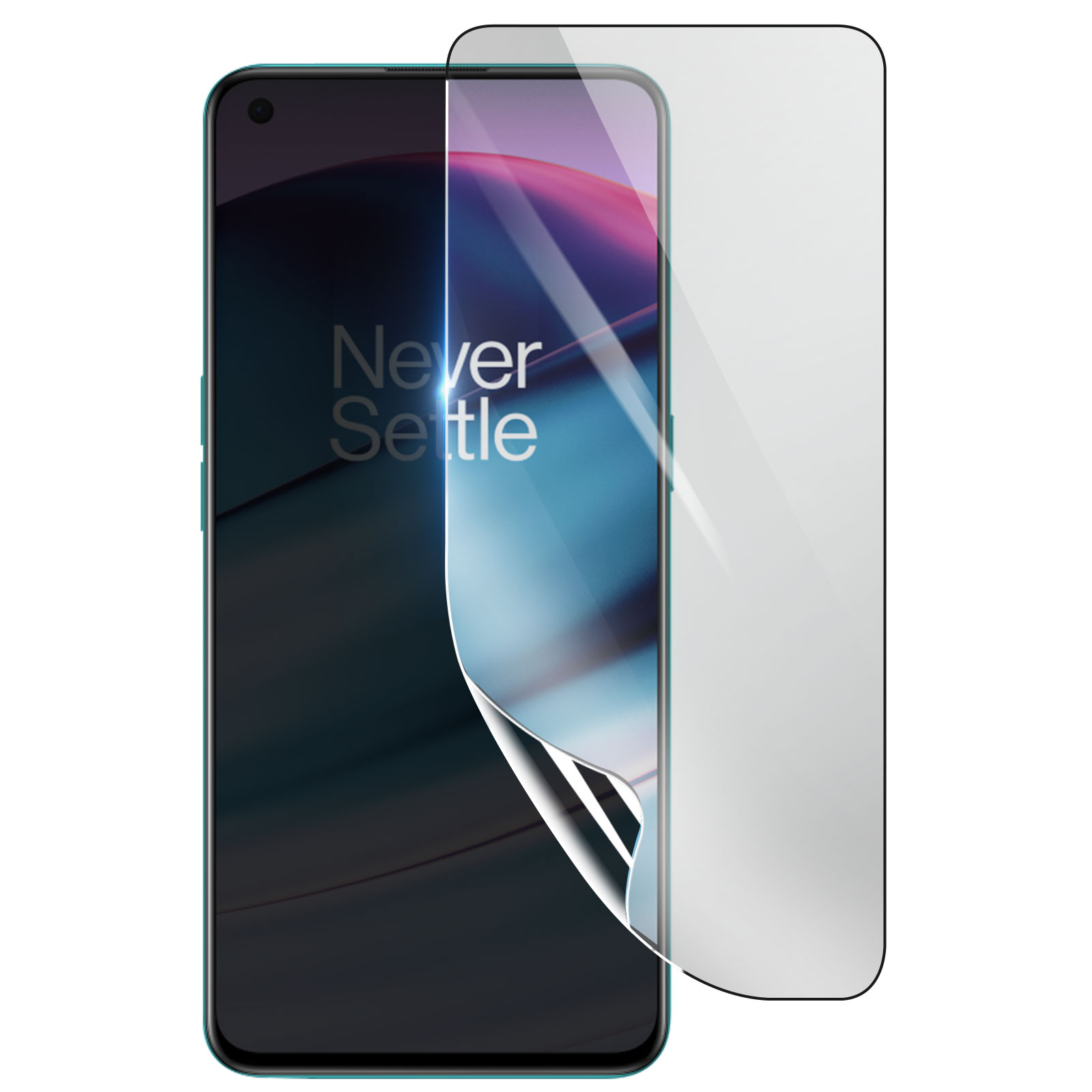 Uno smartphone con una protezione per lo schermo applicata. La protezione si sta staccando, rivelando lo schermo del telefono con 'Never Settle'.