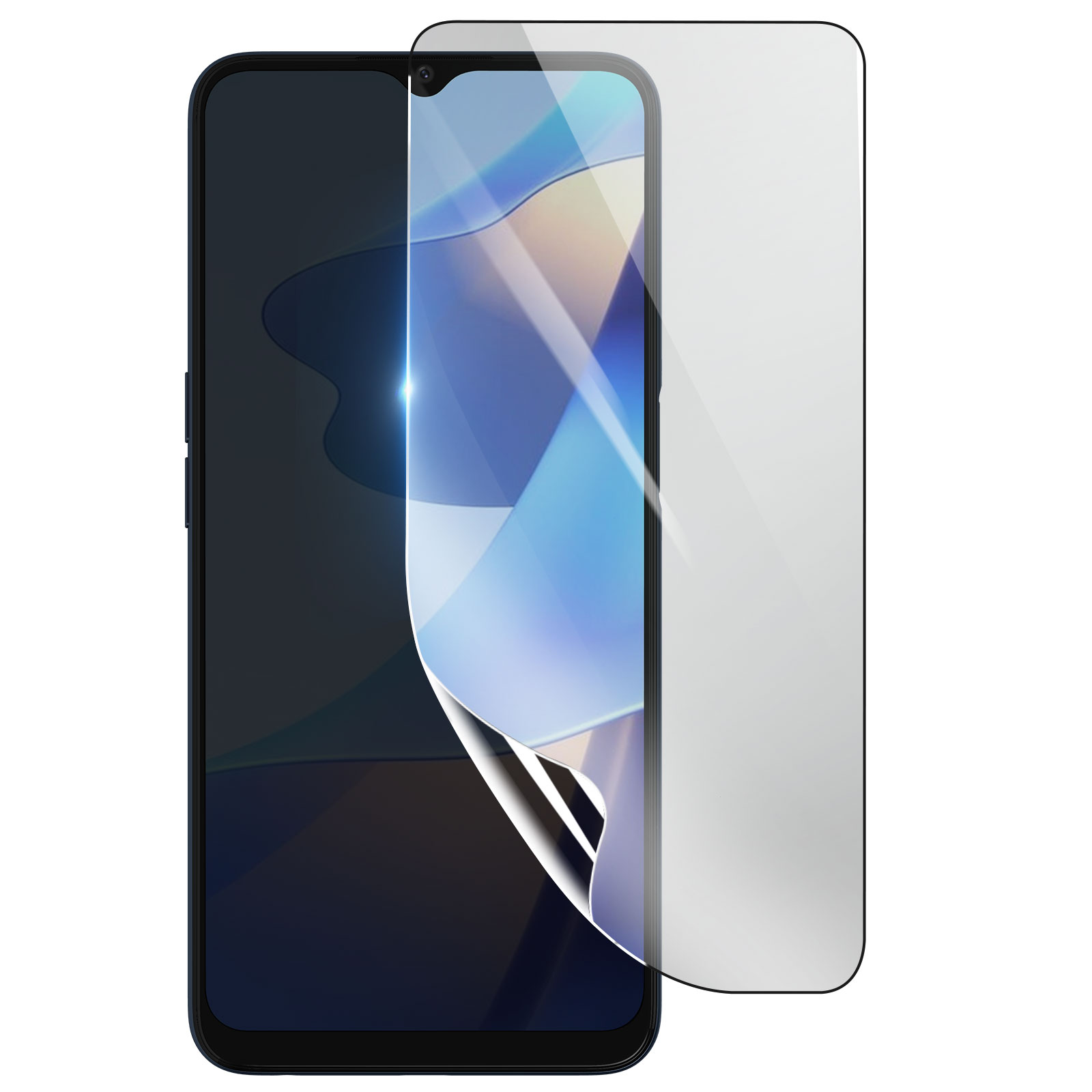 Uno smartphone con protezione schermo applicata. La protezione è parzialmente staccata. Lo schermo mostra gradienti blu e bianchi.