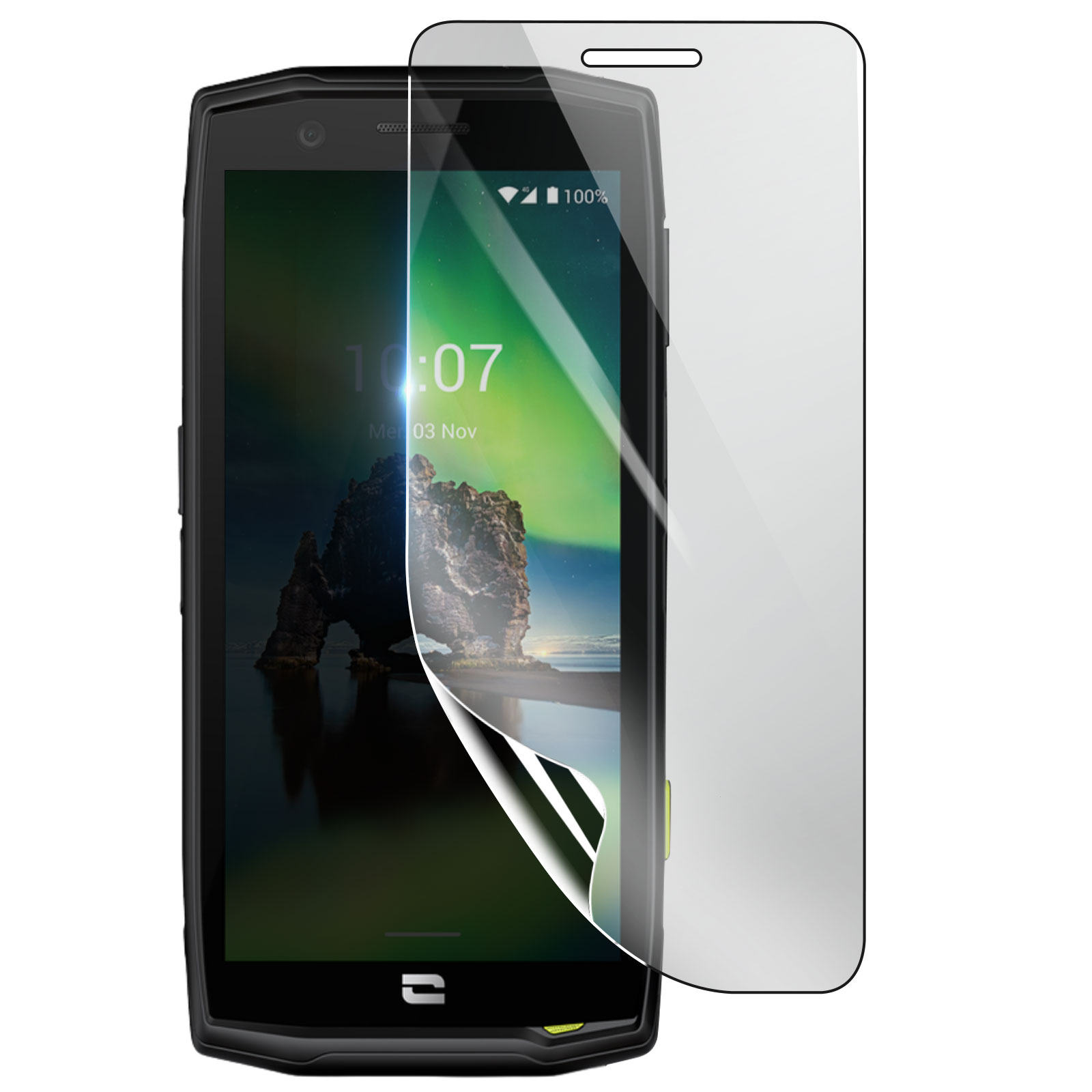 Uno smartphone con una protezione per lo schermo in applicazione. Lo schermo mostra un paesaggio con una formazione rocciosa e l'ora.