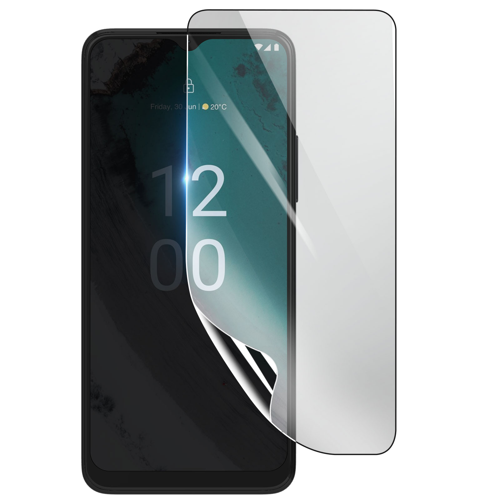 Uno smartphone con una protezione per lo schermo applicata. Lo schermo mostra l'ora e la data. La protezione è parzialmente staccata.