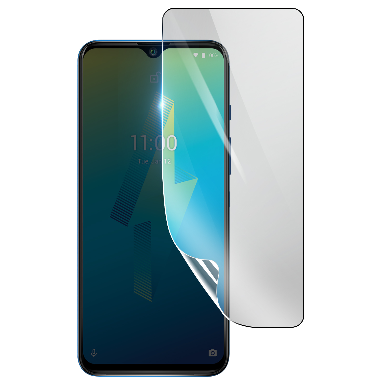 Uno smartphone con una protezione per lo schermo in applicazione. Il telefono mostra l'ora e la data. Protezione parzialmente staccata.