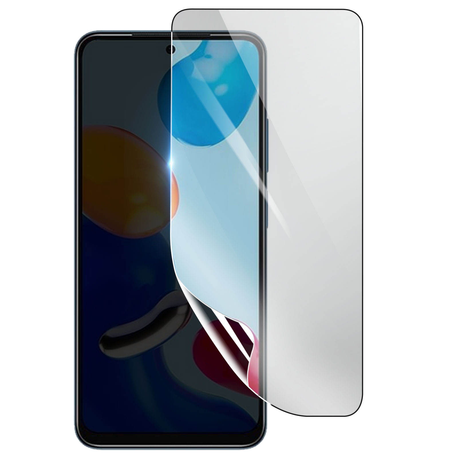 Uno smartphone con una protezione per lo schermo applicata. Lo schermo mostra un'immagine sfocata con sfumature arancioni e blu.