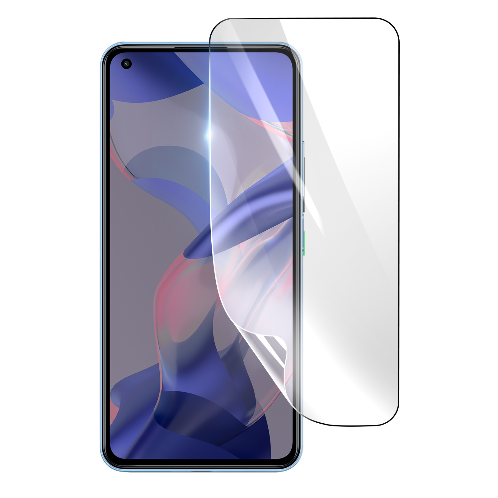 Uno smartphone con una protezione per lo schermo applicata. Il telefono è azzurro, la protezione è trasparente. Lo sfondo è bianco.