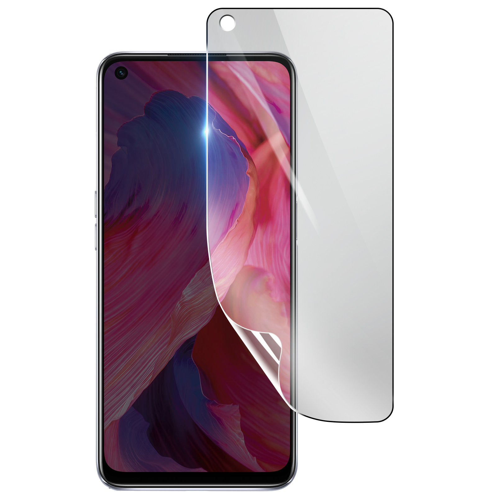 Uno smartphone con una protezione per lo schermo in applicazione. Il telefono mostra uno sfondo astratto colorato, mentre la protezione è trasparente.
