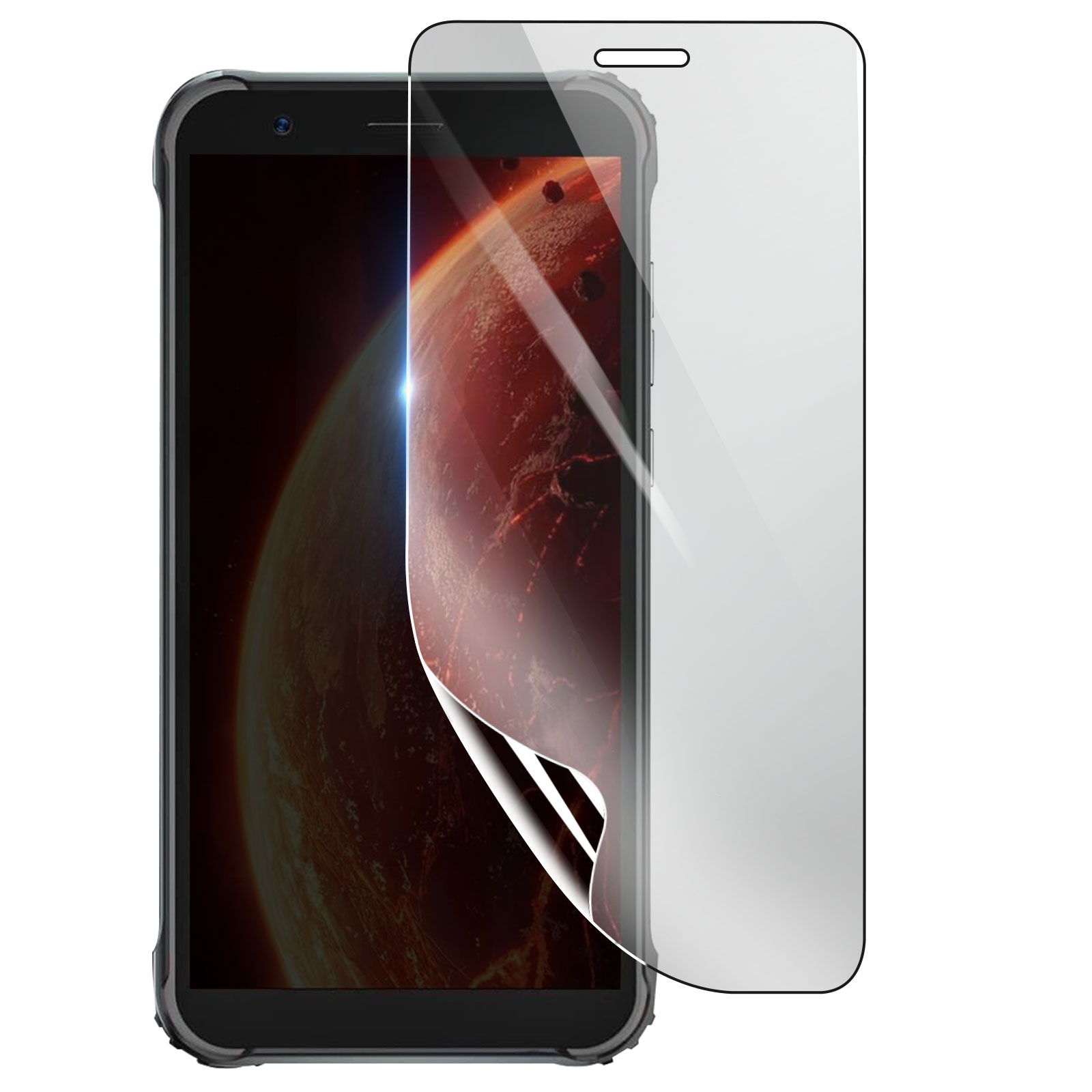 Un teléfono con protector de pantalla. La pantalla muestra un planeta rojo. El protector está parcialmente despegado.