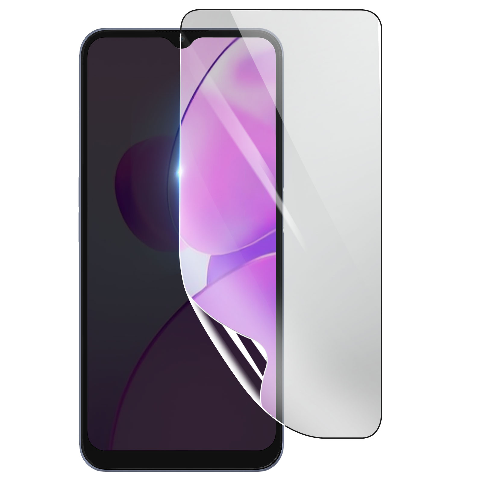 Uno smartphone con una protezione per lo schermo applicata. Lo schermo è viola. La protezione è trasparente e parzialmente staccata.