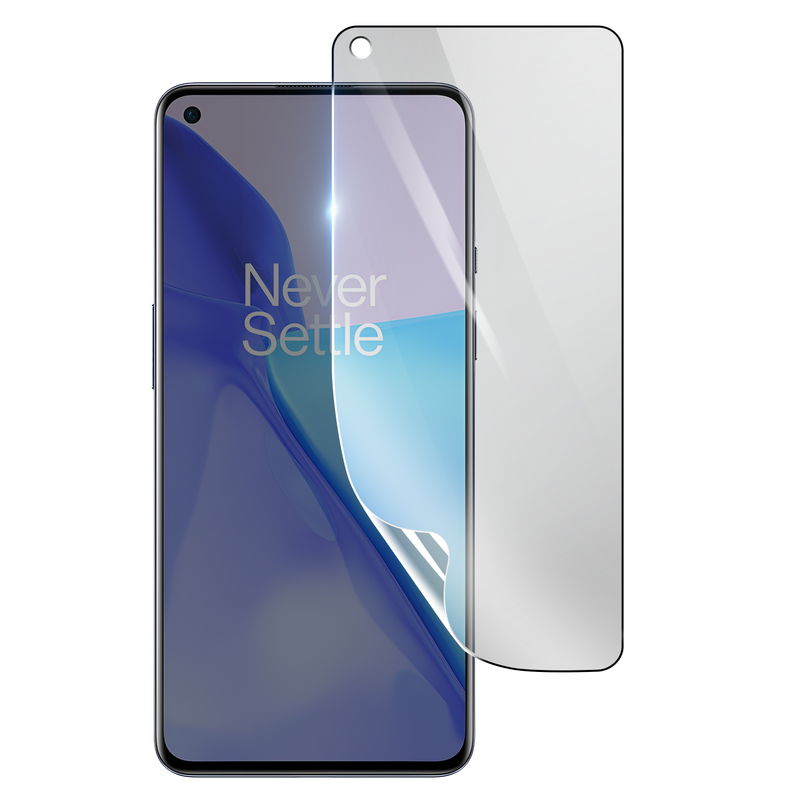 Un telefono con protezione schermo. Lo schermo del telefono mostra 'Never Settle'. La protezione è trasparente, con un foro per la fotocamera.