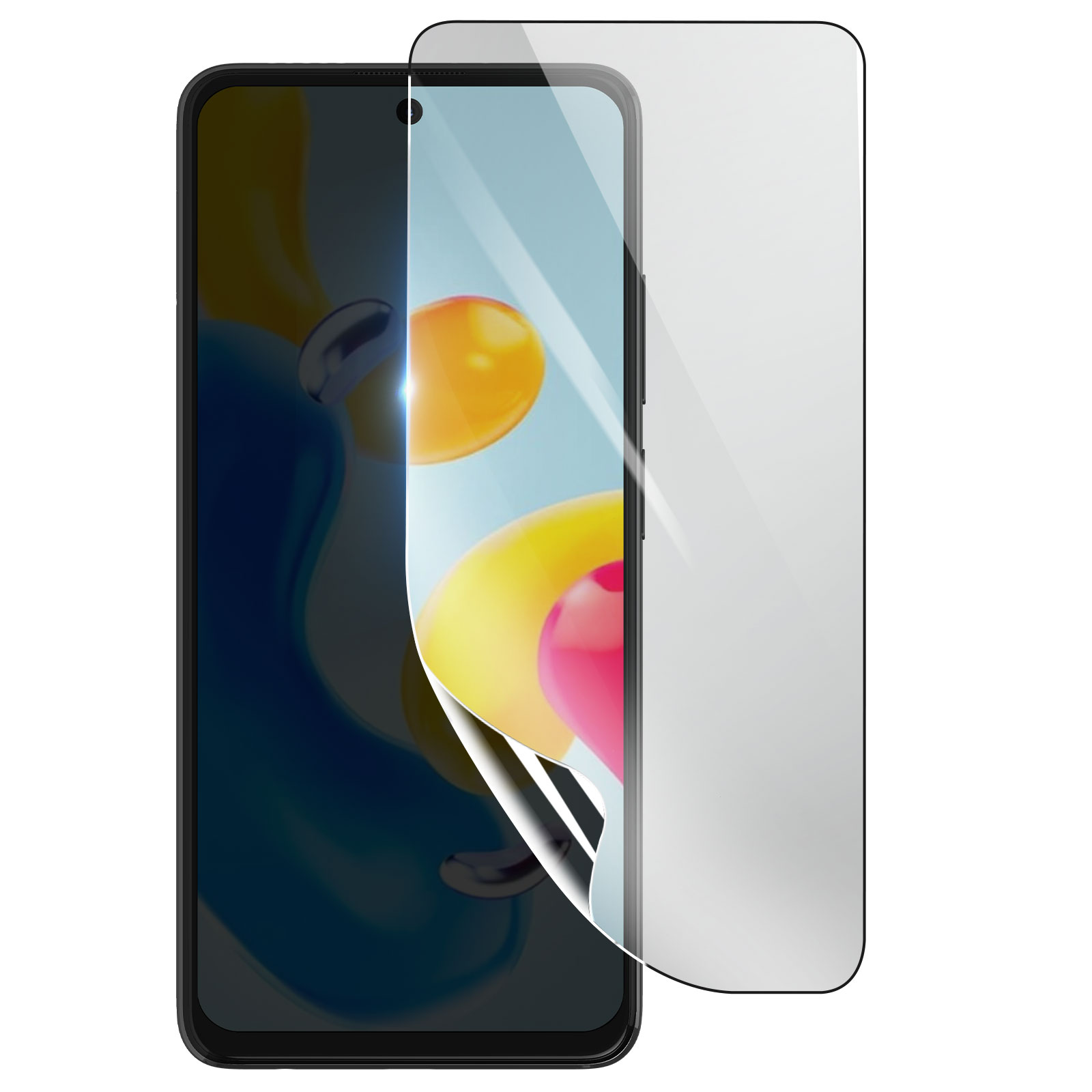 Uno smartphone con una protezione per lo schermo che si stacca. Lo schermo mostra forme astratte colorate.