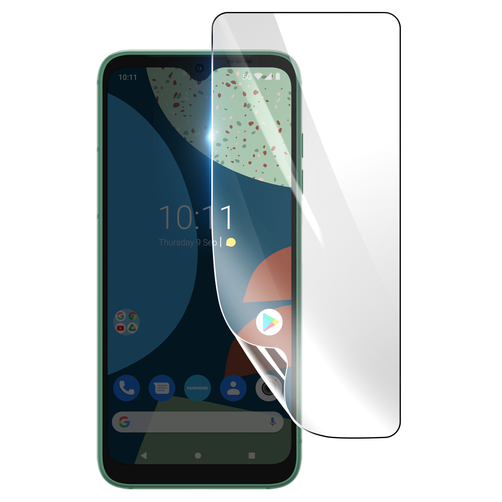Uno smartphone verde con una protezione per lo schermo in fase di applicazione. Lo schermo mostra ora, icone e sfondo.