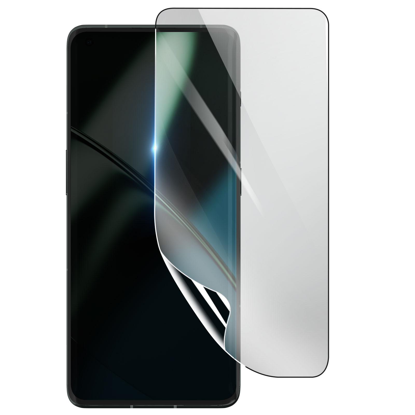 Uno smartphone con una protezione per lo schermo in fase di applicazione. Il telefono è nero e la protezione trasparente. Sfondo bianco.