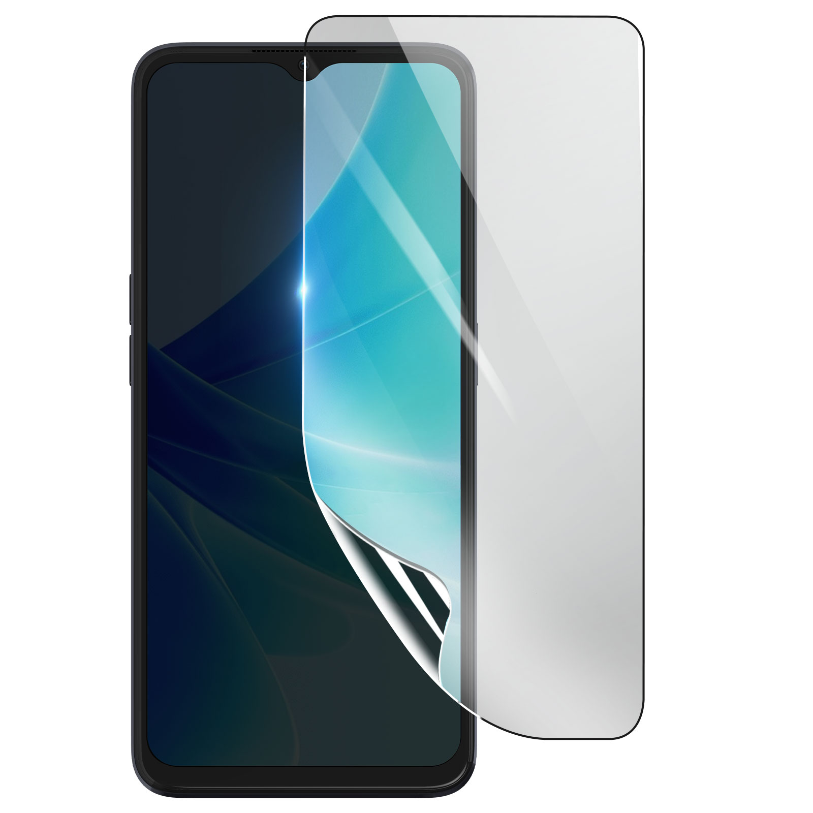 Uno smartphone con una protezione per lo schermo in applicazione. Il telefono è nero, con schermo blu e verde. La protezione è trasparente.