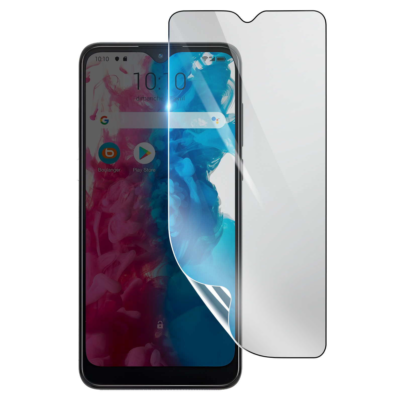 Uno smartphone con una protezione per lo schermo in applicazione. Lo schermo mostra l'ora, le icone delle app e uno sfondo colorato.