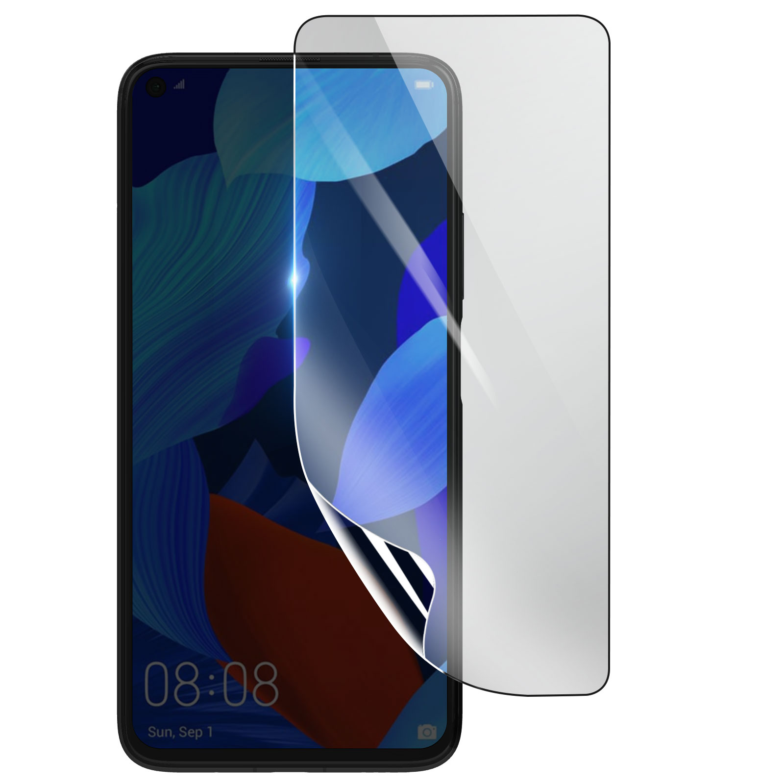 Uno smartphone con una protezione per lo schermo in fase di applicazione. Lo schermo mostra uno sfondo. Vengono visualizzati data e ora.