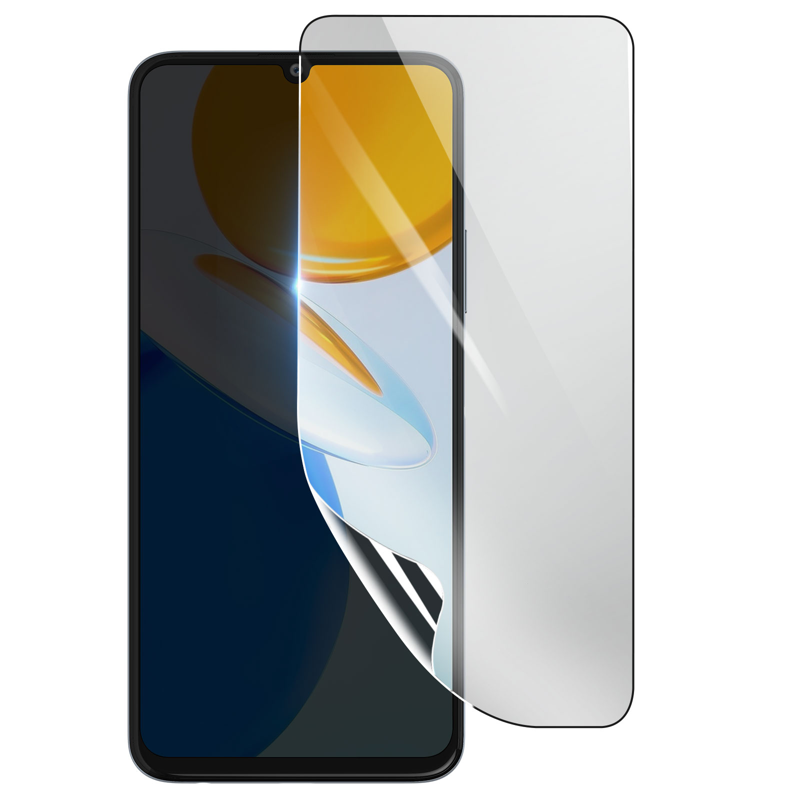 Uno smartphone con una protezione per lo schermo applicata. Lo schermo mostra un design astratto. La protezione è parzialmente staccata.