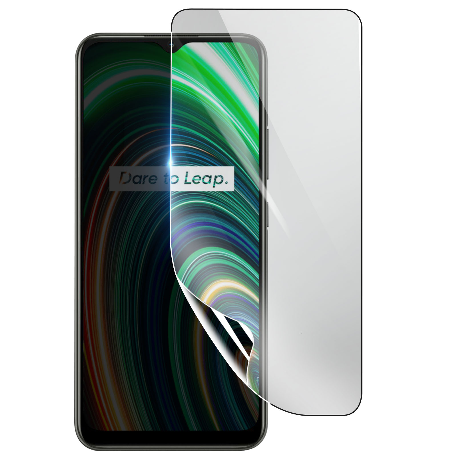 Uno smartphone con una protezione schermo che si stacca. Il telefono mostra uno sfondo astratto colorato con la scritta 'Dare to Leap'.