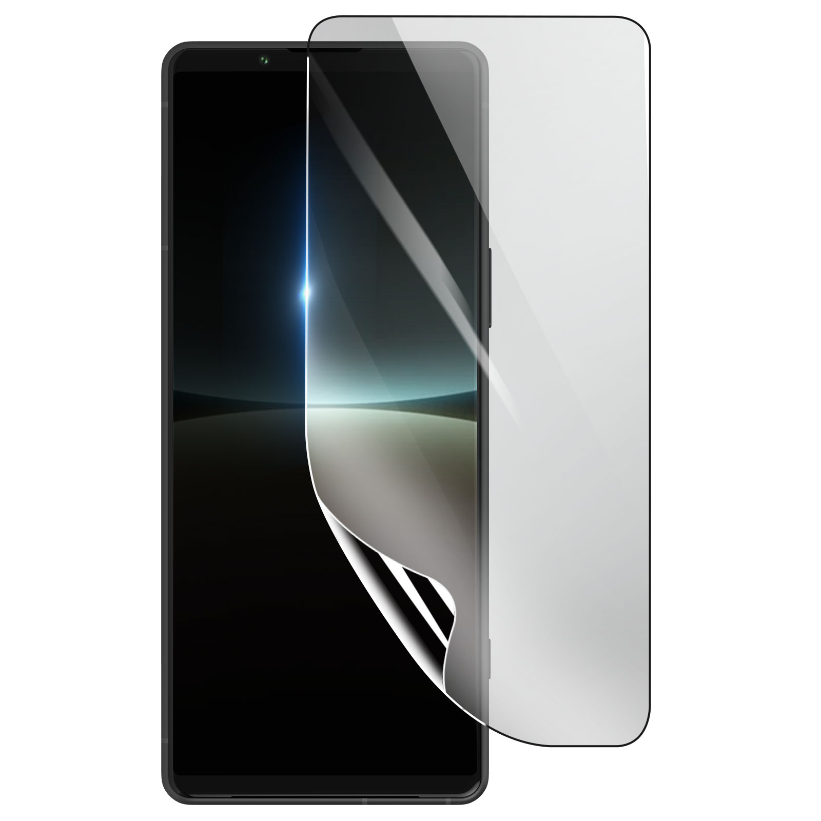 Un smartphone negro con protector de pantalla aplicado. El protector está parcialmente despegado, revelando la pantalla.