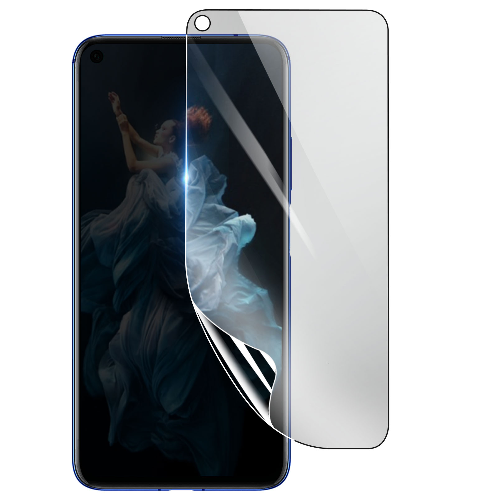 Uno schermo del telefono con una protezione. Lo schermo mostra una donna con un abito bianco fluente. La protezione è parzialmente staccata.