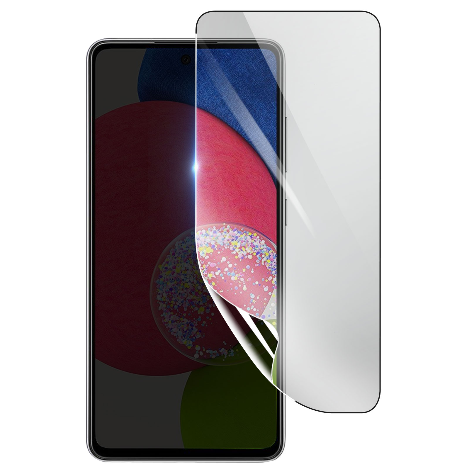Uno smartphone con una protezione per lo schermo applicata. Il telefono mostra uno sfondo colorato. La protezione è parzialmente rimossa.