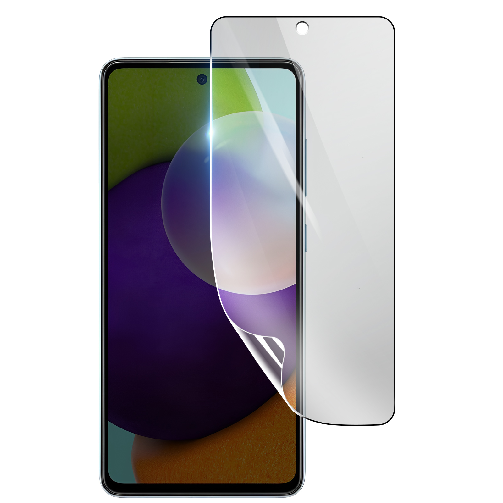 Uno smartphone con protezione schermo applicata. Lo schermo mostra un design astratto colorato. La protezione è leggermente scollata.