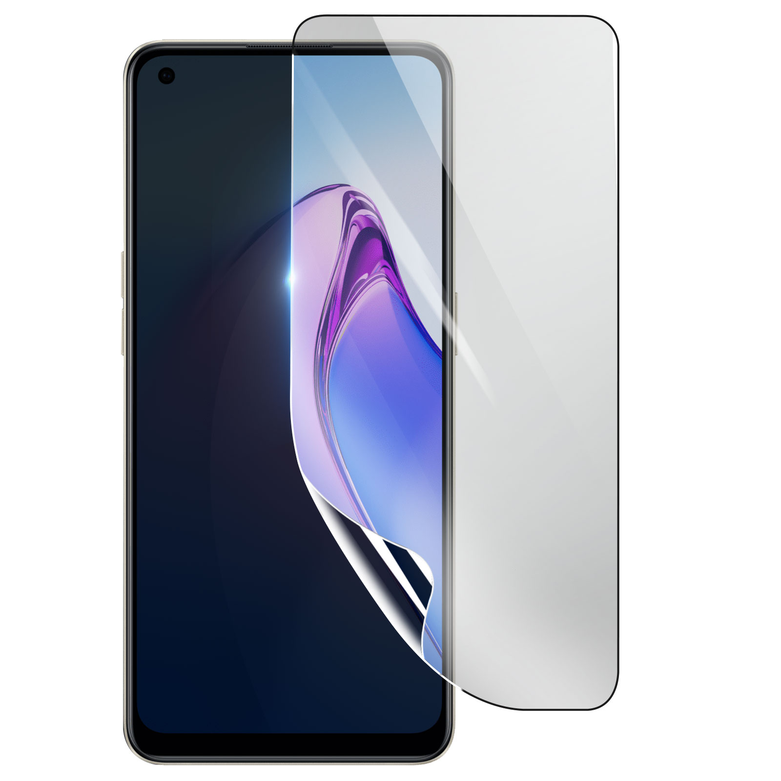 Uno smartphone con una protezione per lo schermo. Il telefono ha uno schermo scuro e la protezione è parzialmente staccata.