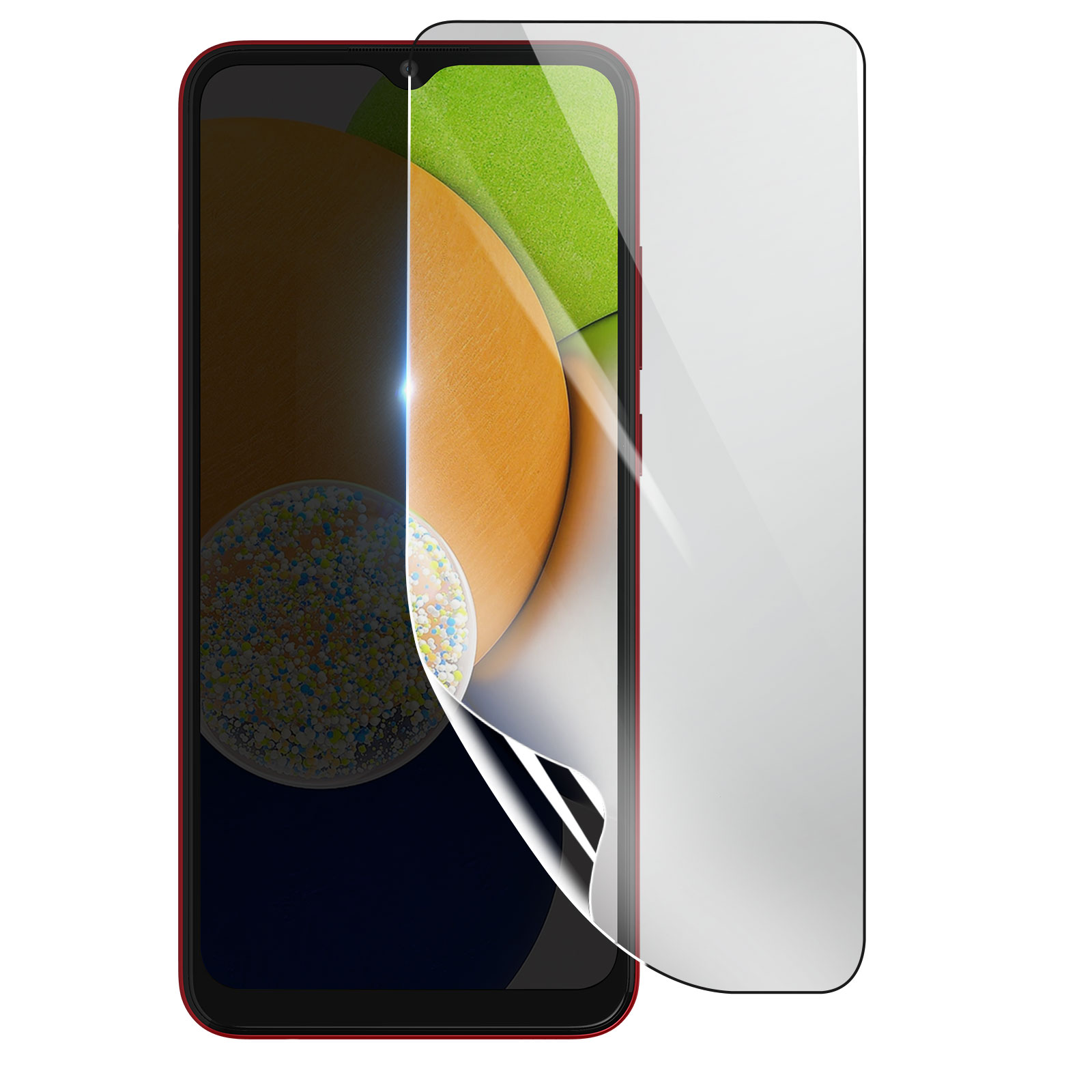 Smartphone con protezione schermo. Lo schermo mostra un motivo colorato e un angolo della protezione si stacca.
