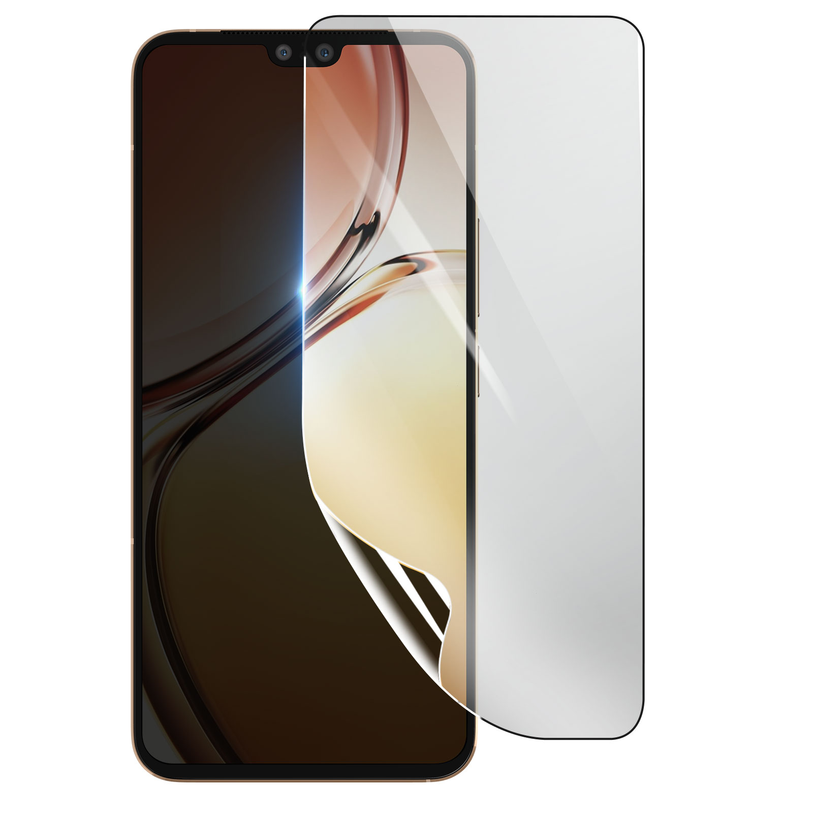 Uno smartphone con una protezione per lo schermo. Il telefono è dorato con schermo nero, la protezione è parzialmente rimossa.
