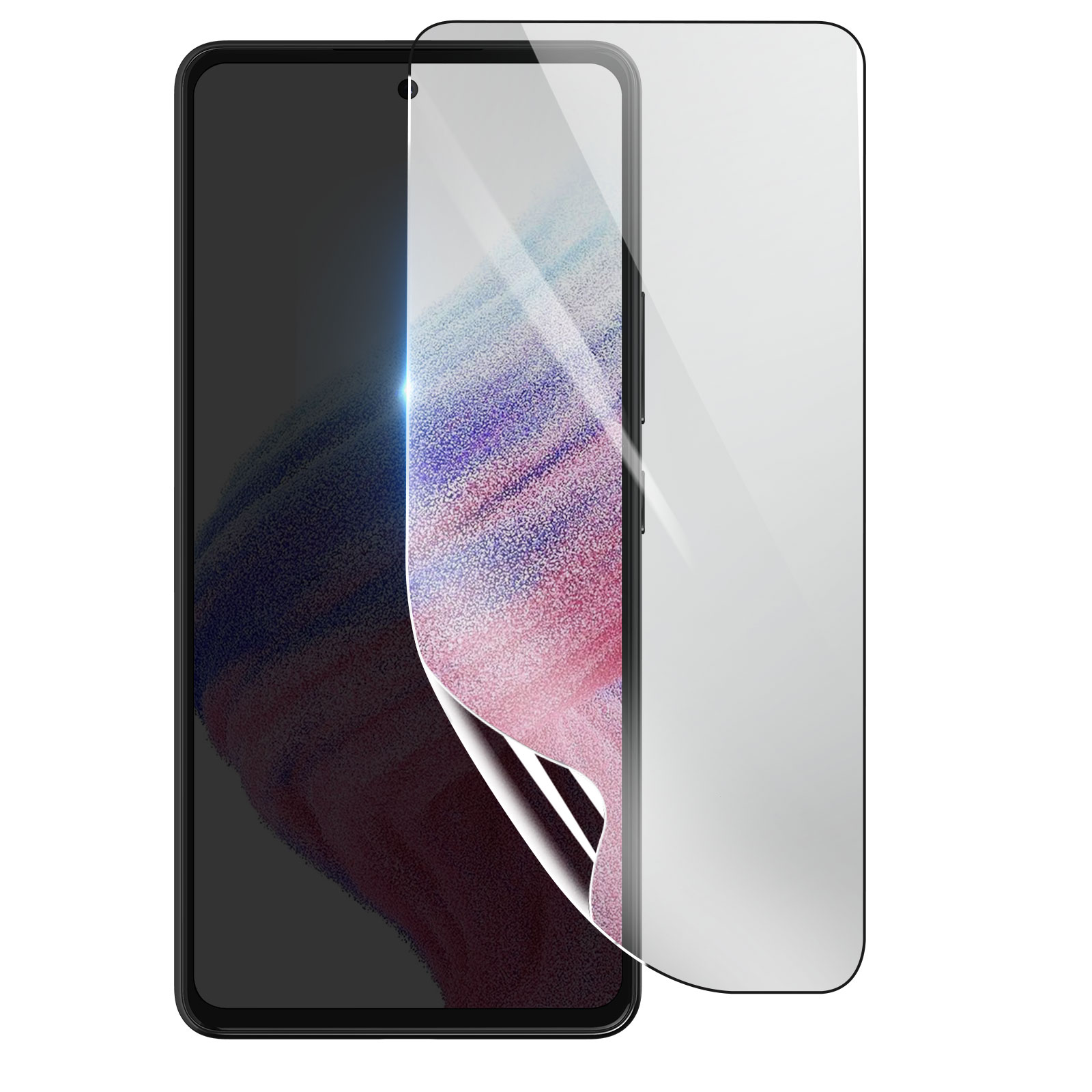 Uno smartphone con una protezione per lo schermo in applicazione. La protezione è parzialmente staccata, rivelando lo schermo del telefono.