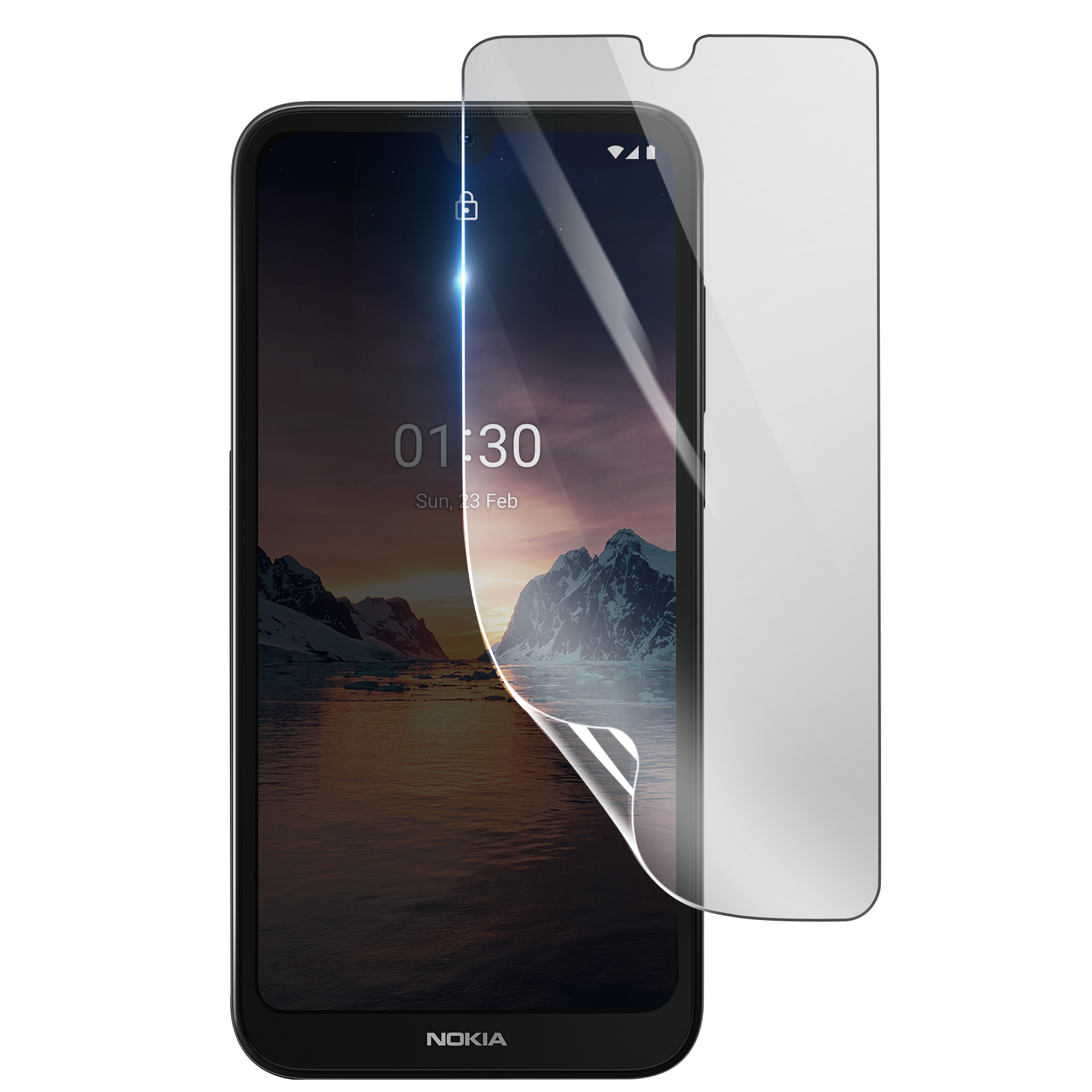 Un telefono Nokia nero con protezione schermo applicata. Lo schermo mostra ora, data e un paesaggio montano.