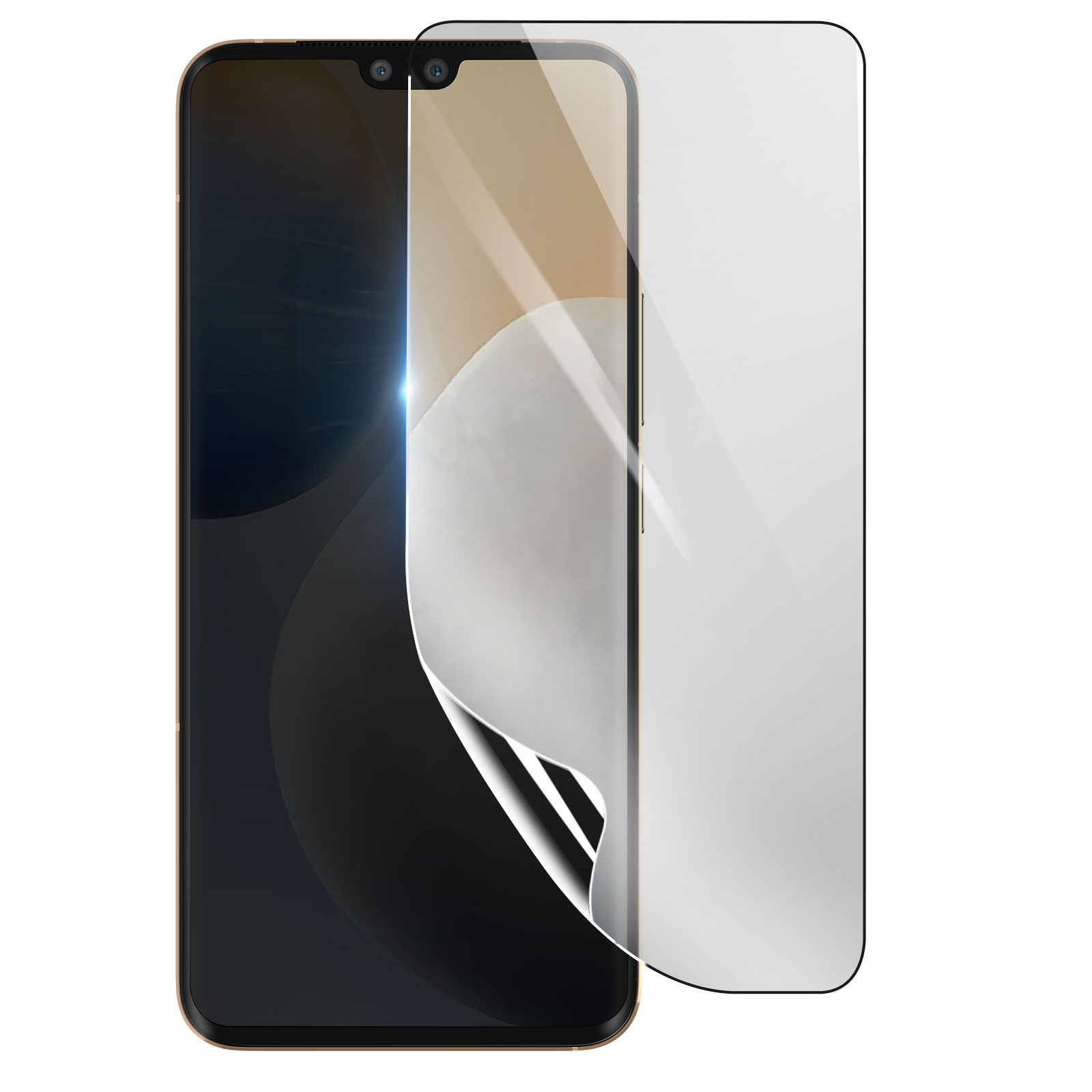 Uno smartphone con una protezione per lo schermo applicata. La protezione è parzialmente staccata, rivelando lo schermo.