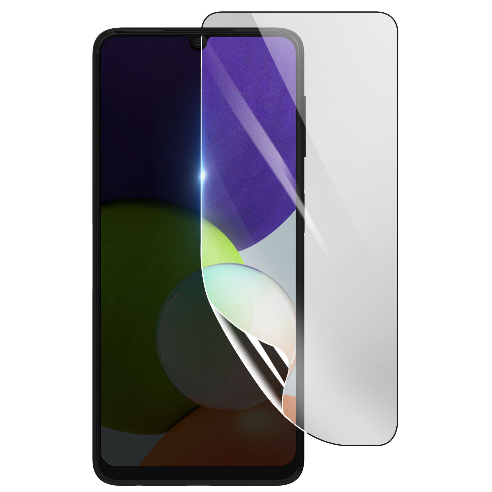 Smartphone con protezione schermo applicata. Lo schermo mostra forme astratte colorate. Protezione parzialmente rimossa.