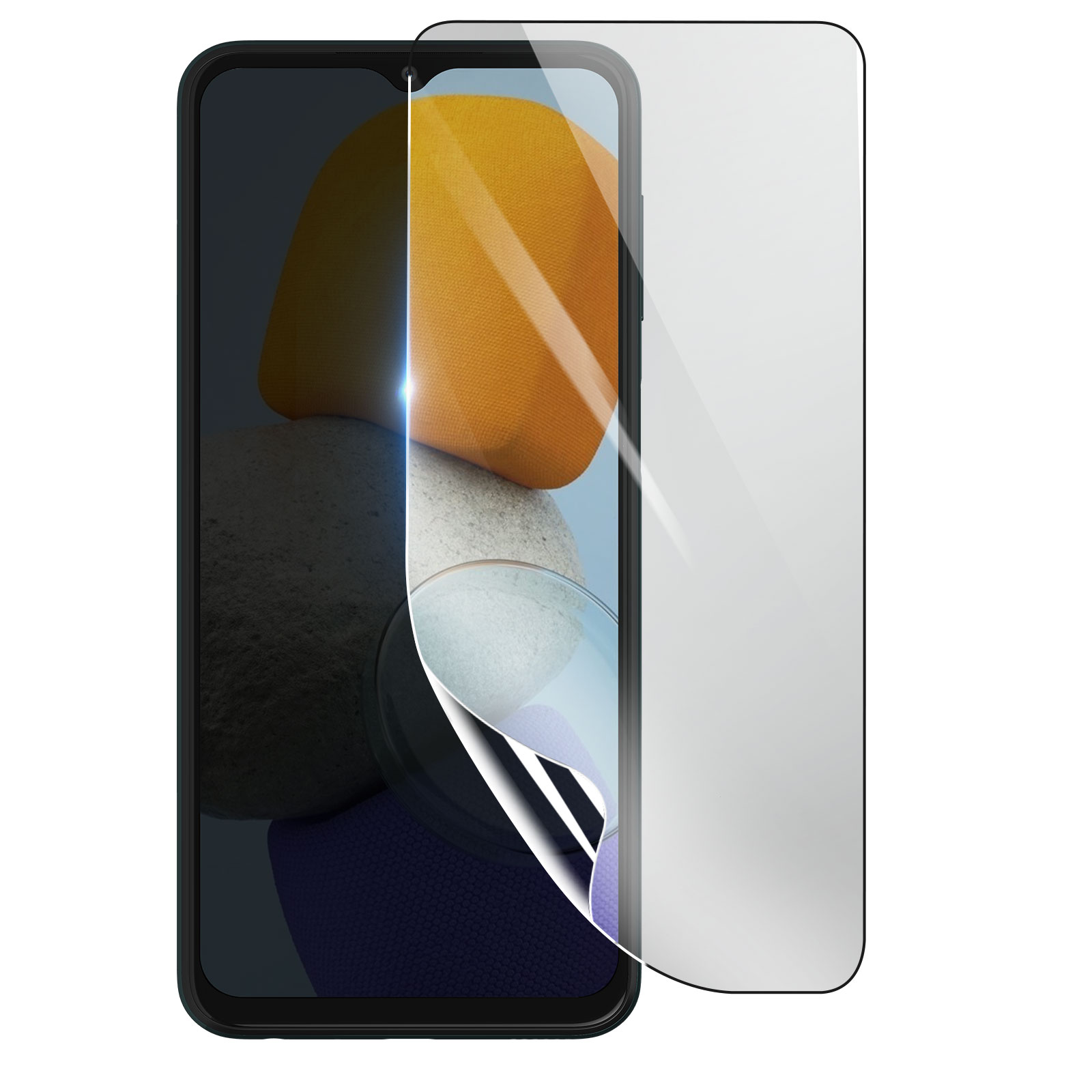 Uno smartphone con una protezione per lo schermo applicata. La protezione è parzialmente rimossa, rivelando lo schermo.