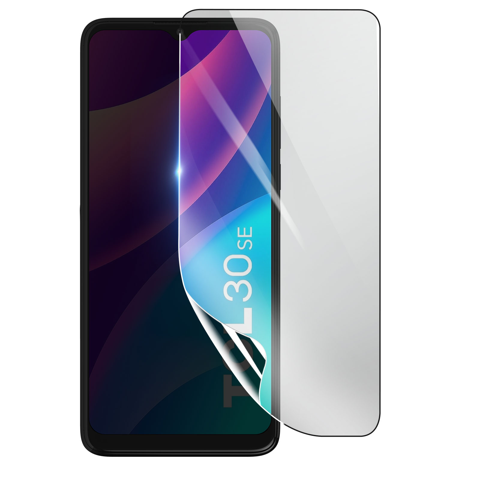 Uno smartphone con una protezione per lo schermo in applicazione. Lo schermo mostra uno sfondo colorato. La protezione è parzialmente staccata.